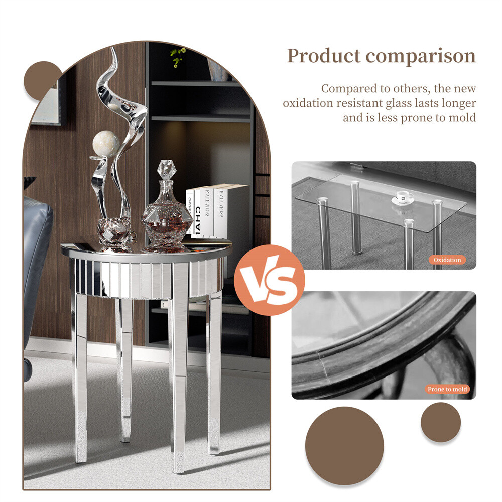 Modern Round Silver Mirrored Side Table Bedside Accent Table Silver-plated Glass