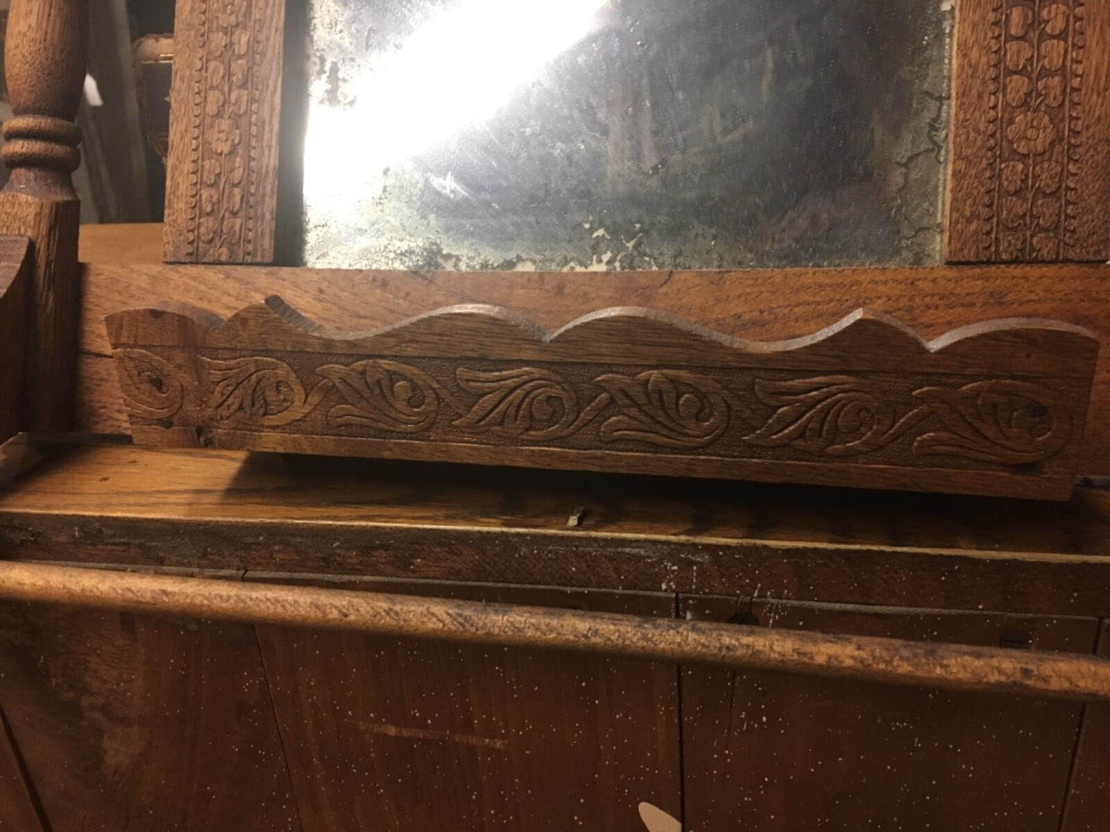 c1900 oak bathroom towel bar mirror shelf 17.5” x 17.5” x 4” pressed pattern