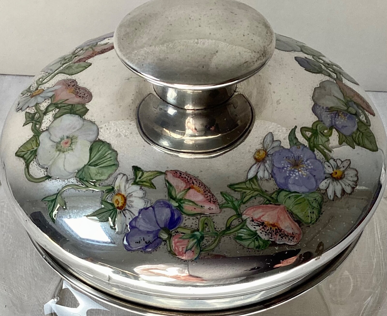 Large antique glass powder bowl w exquisite HMSS lid w enamelled flowers