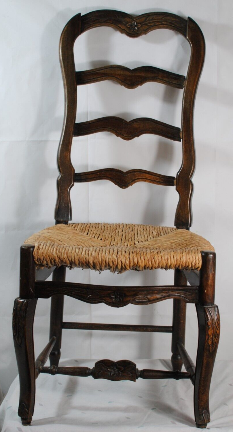 Vintage/ Antique Dark Wood Ladder Back Rush Seat Chair 40 inches Floor To Top