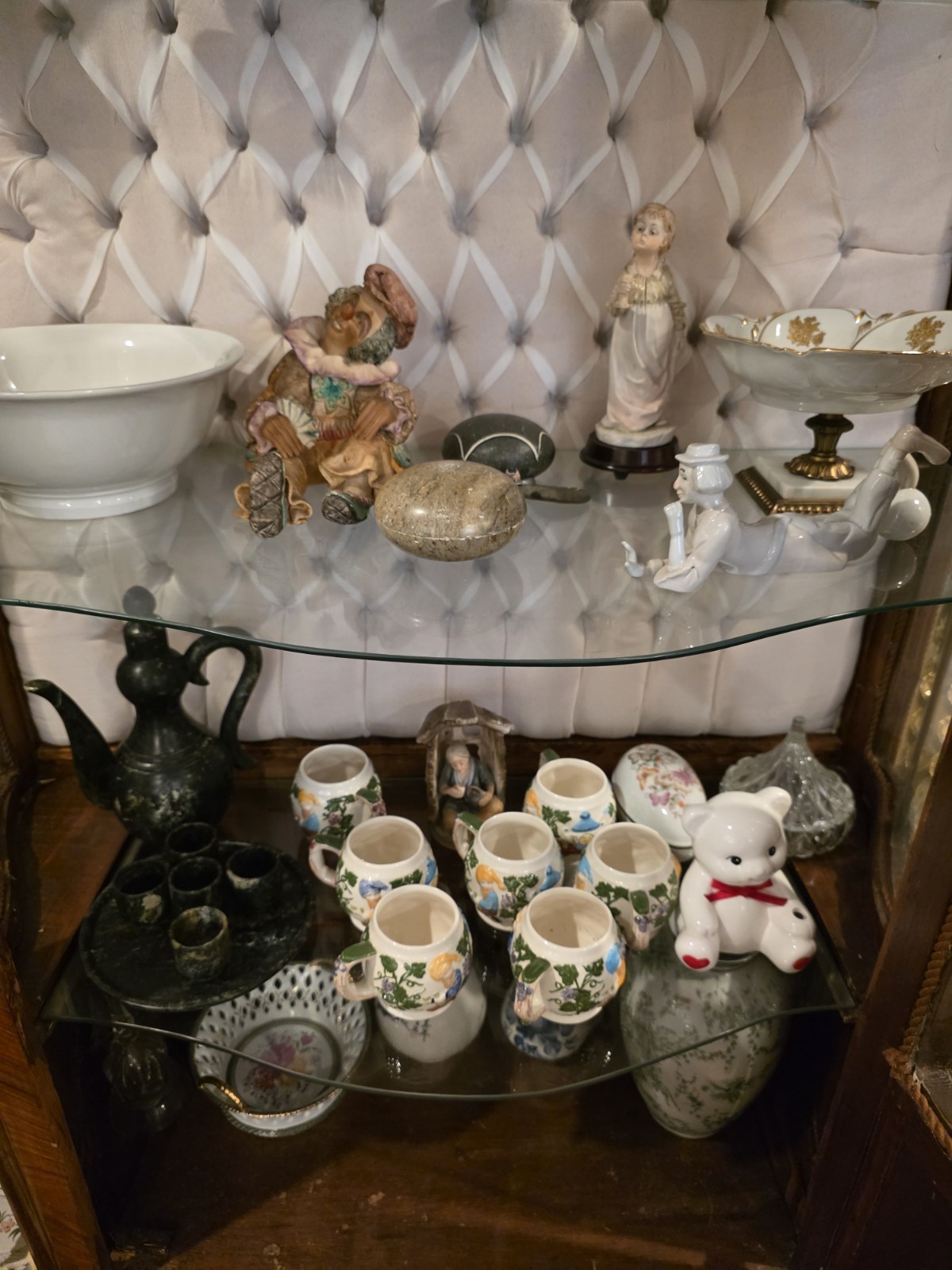 Vintage China Cabinet Vitrine with Curved Glass Brass Accents and Key