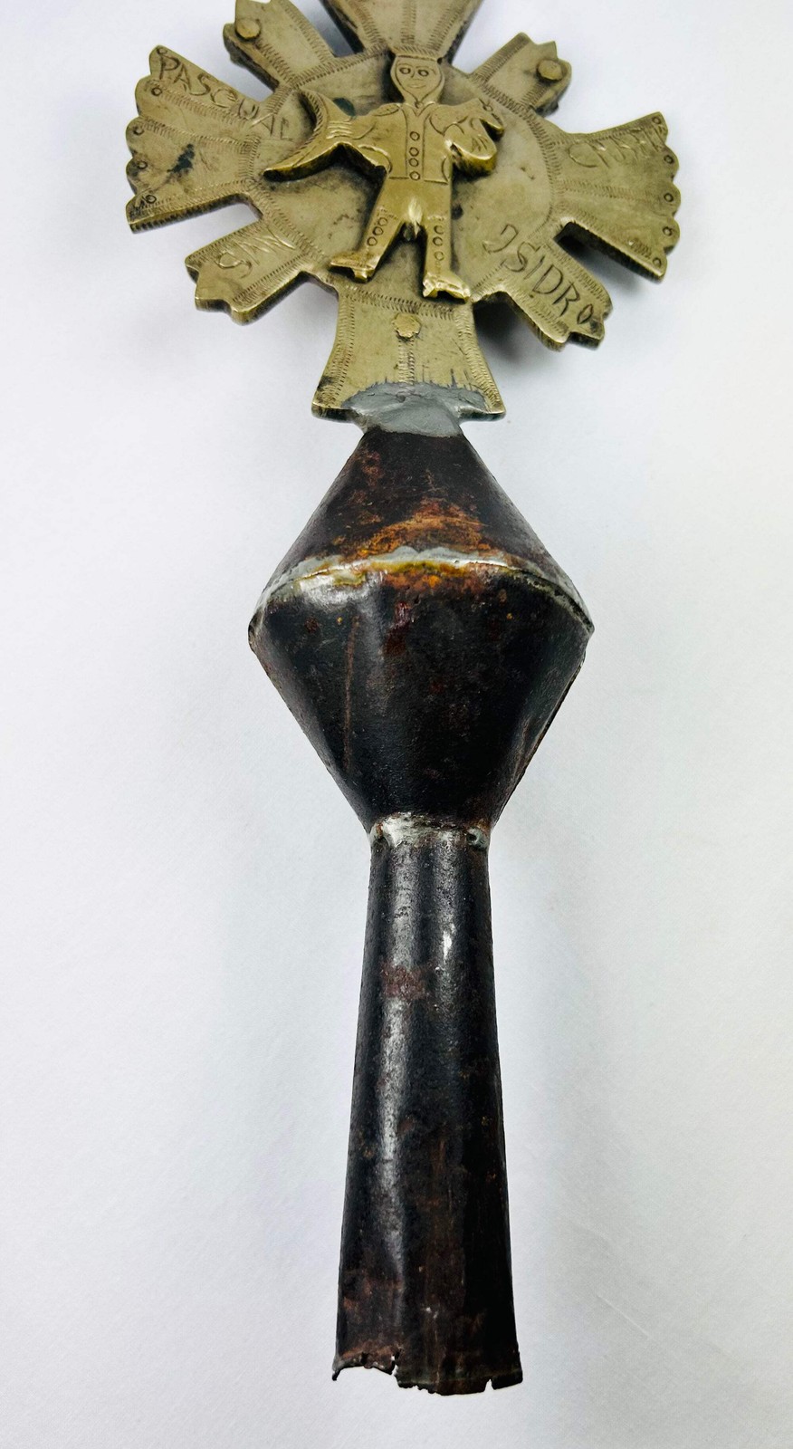Spanish Colonial Brass Processional Cross Finial | Double-Sided Crucifix & Saint