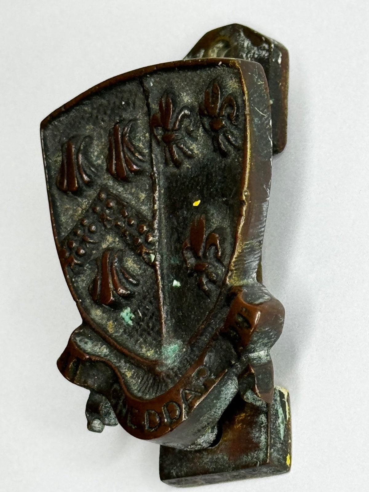 🛎️ Cheddar Bronze Door Knocker Heraldic Coat of Arms Shield Fleur De Lys C1925