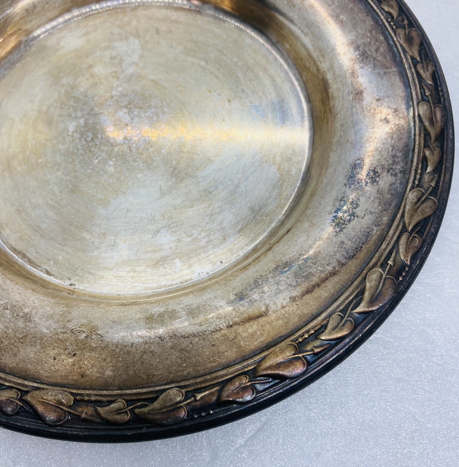 Vintage Silverplated Drinking Coaster Tray Plate Ornate Leaves Trim 5.5” Art 23