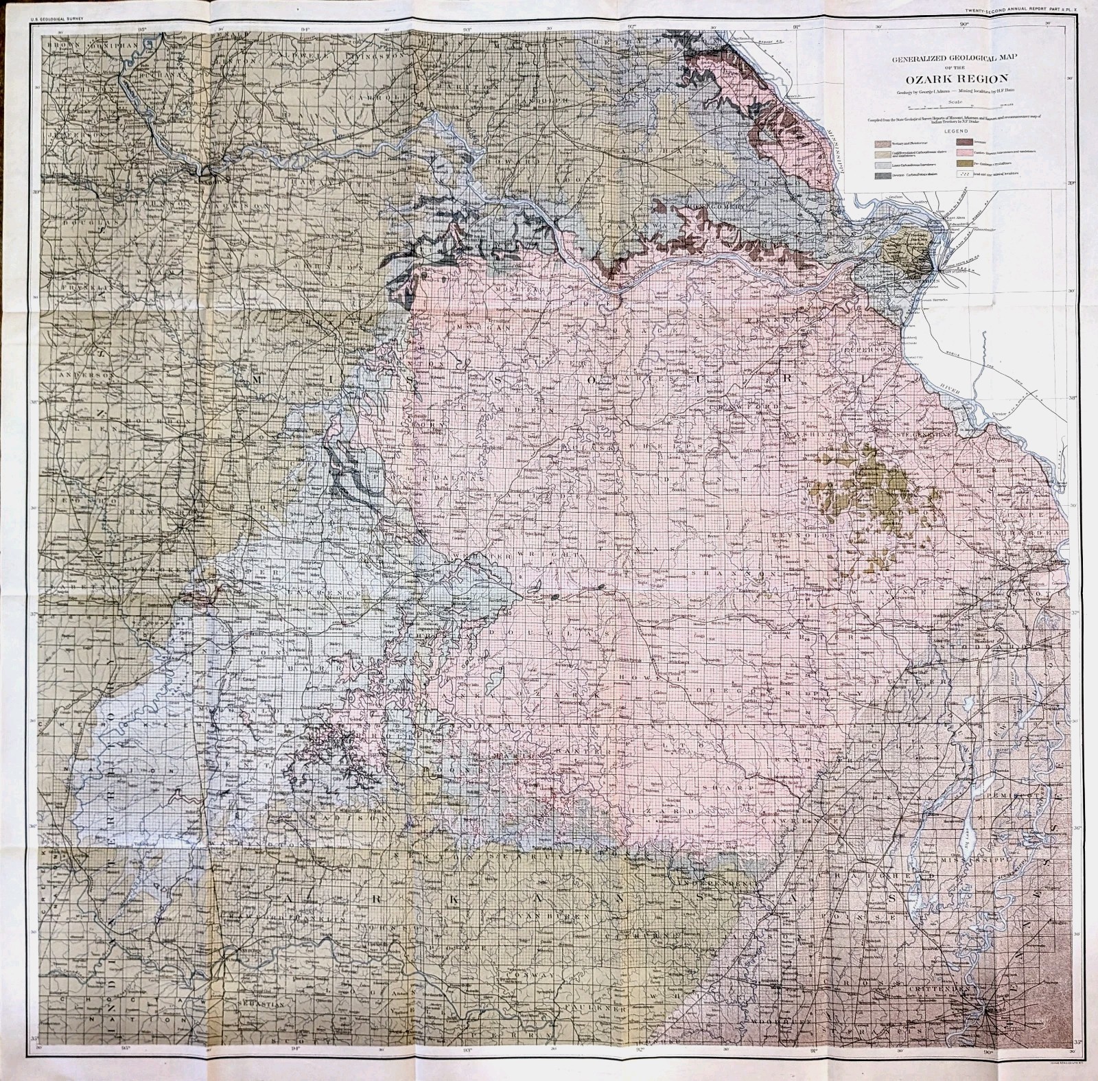 1901 OZARK Region MISSOURI – ARKANSAS Map HUGE 34×34 Inches ORIGINAL Geological