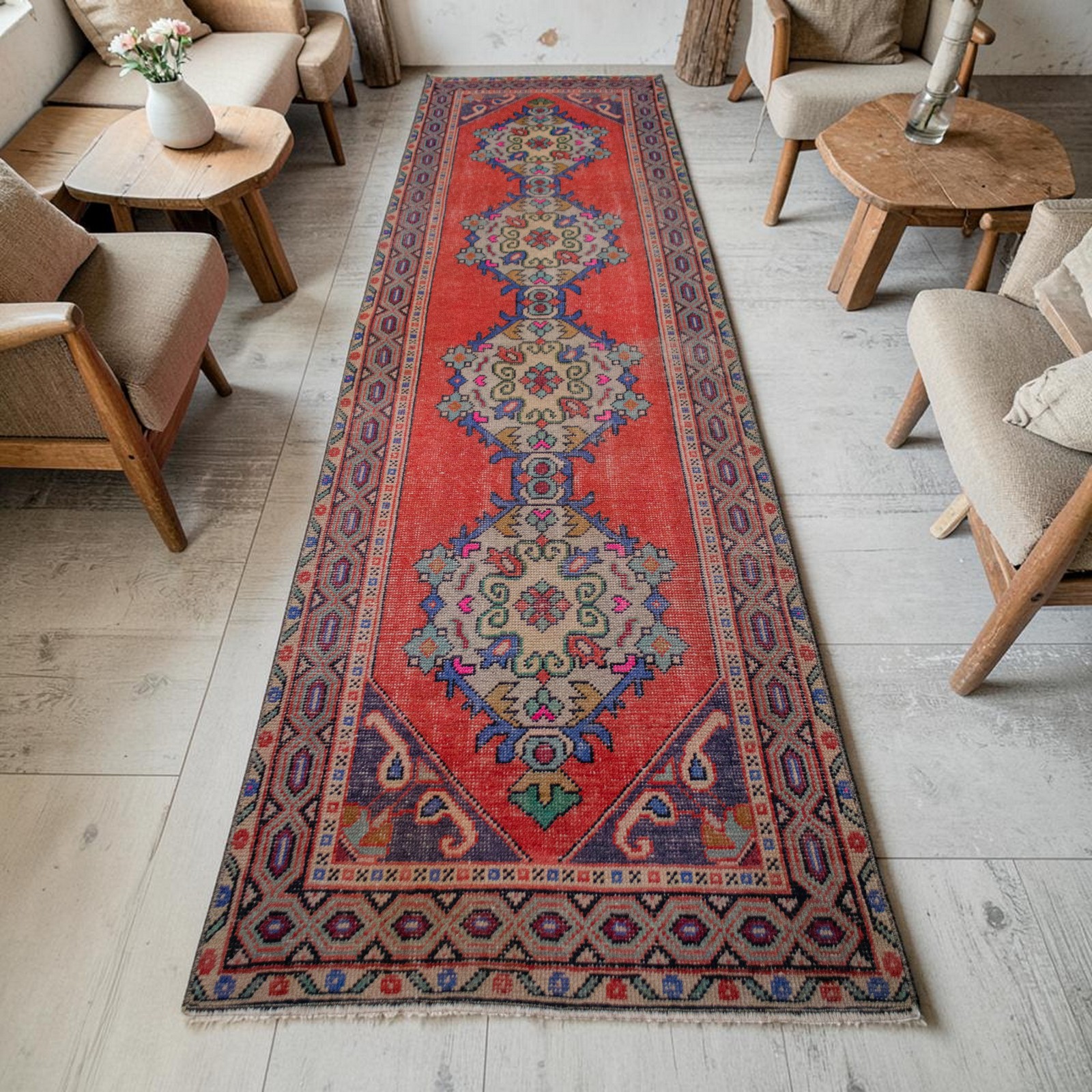 Turkish Rug Runner Hand Made Short Hallway Rug Kitchen Decor Rug 3×10 ft approx