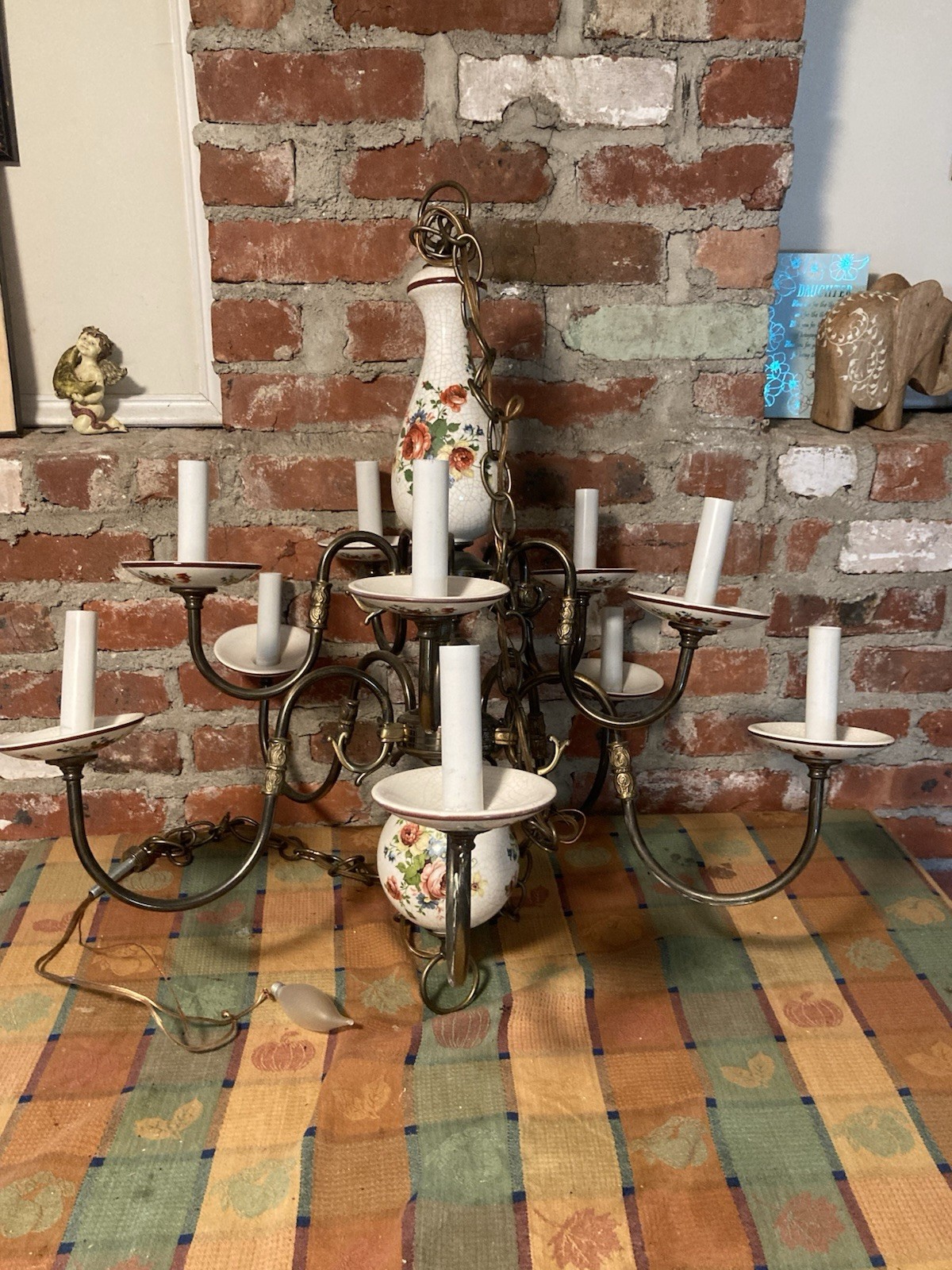 Vintage Chandelier Made In Italy Porcelain & Brass Capodimonte 10 Arms