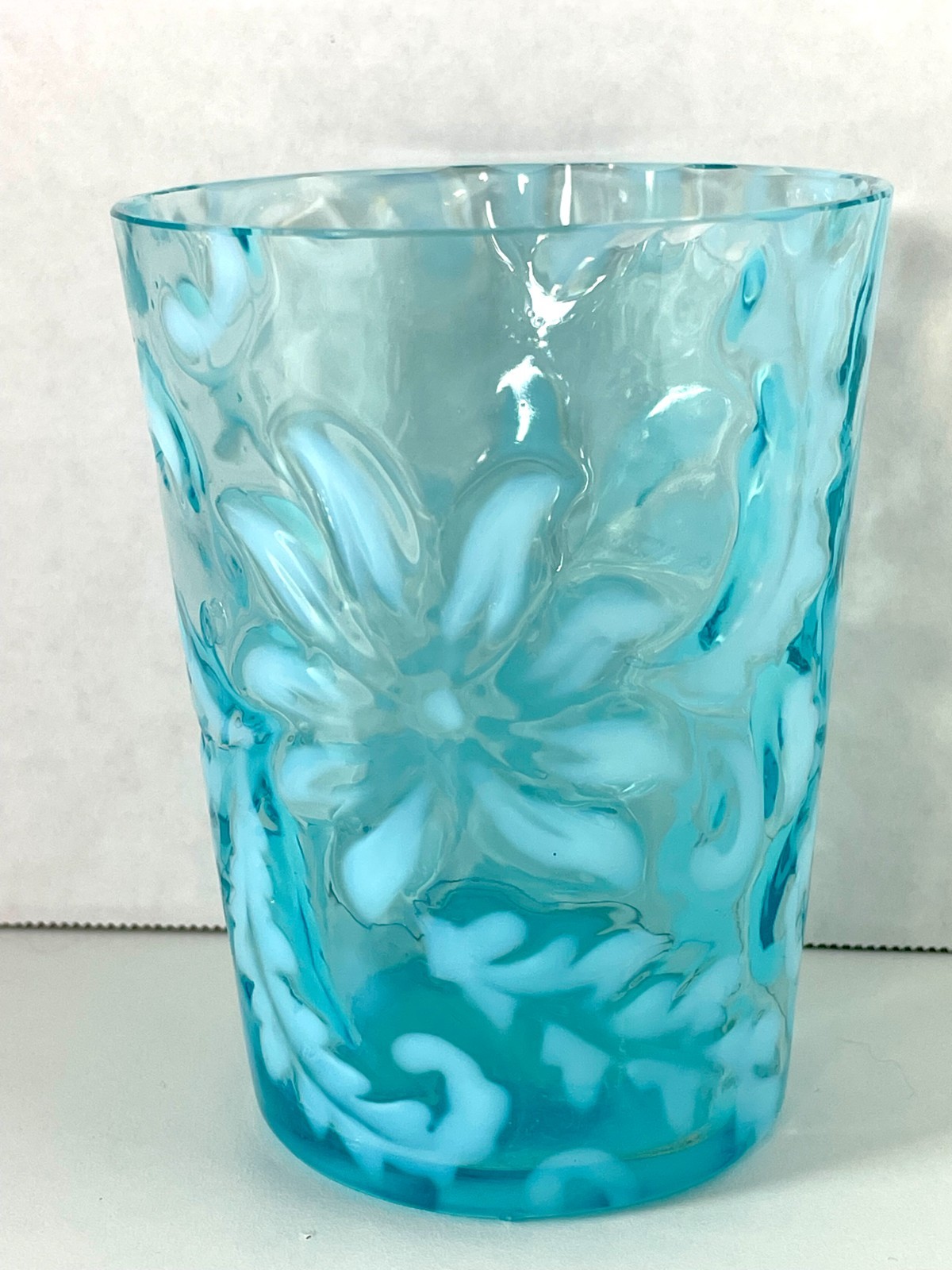 NORTHWOOD Opalescent Blue “POINSETTIA” Drinking Glass – 3 3/4″ H