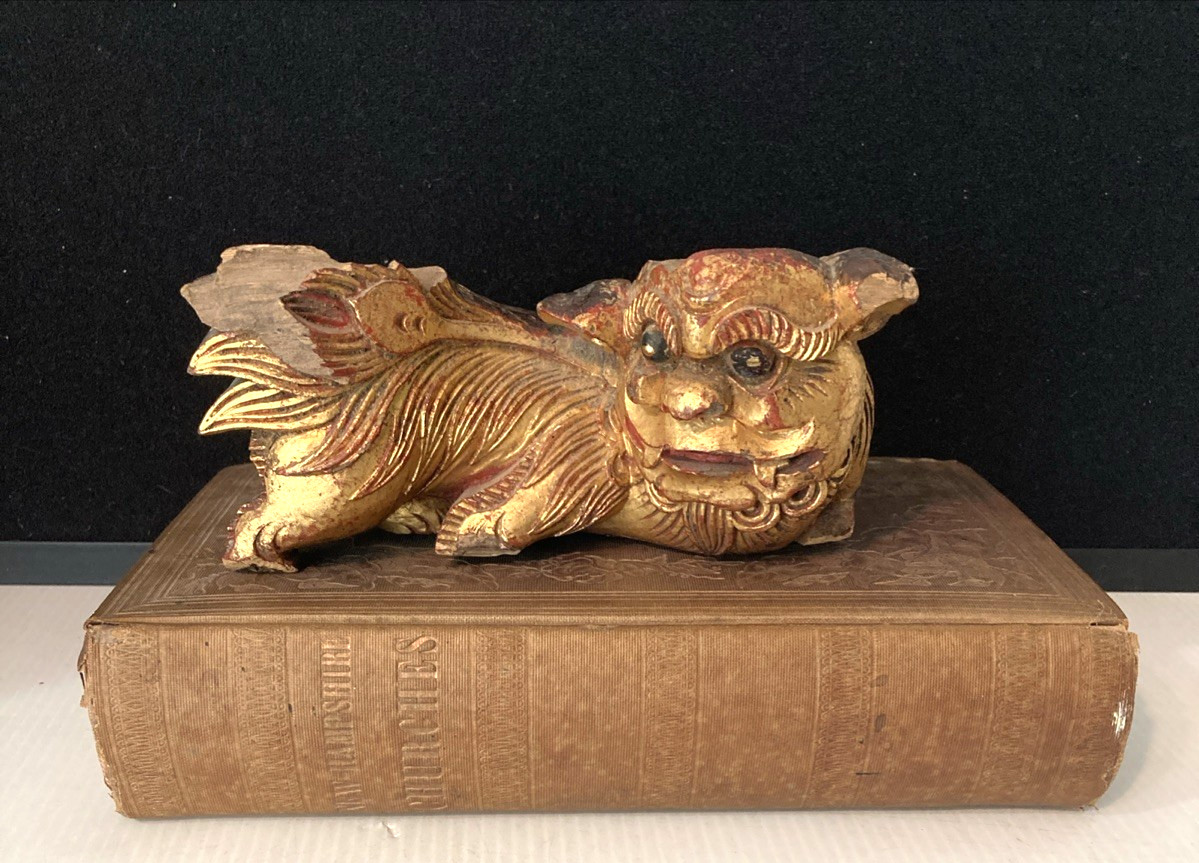 Antique Chinese Foo Dog Wood Carving – Gilded – Red Gold – Temple Carving