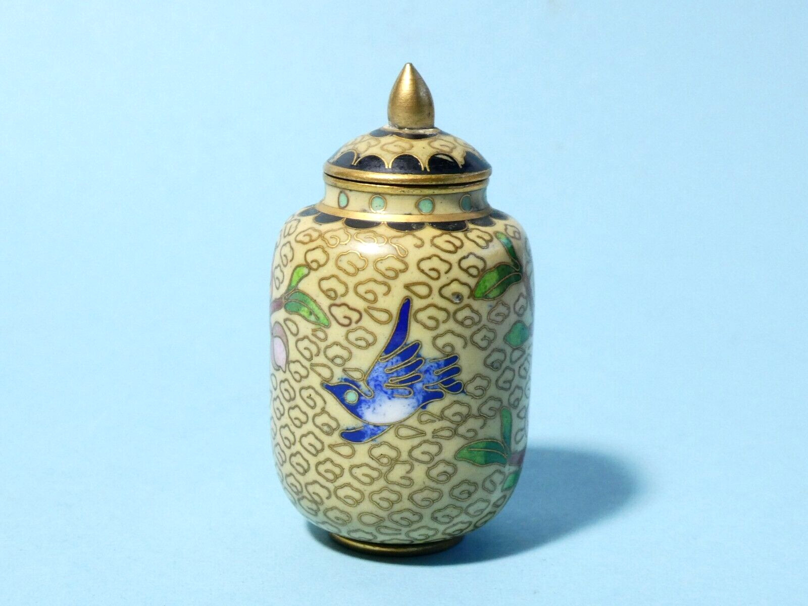 Japanese Cloisonne Enamel Miniature Lidded Urn Floral + Bird 6cm #2