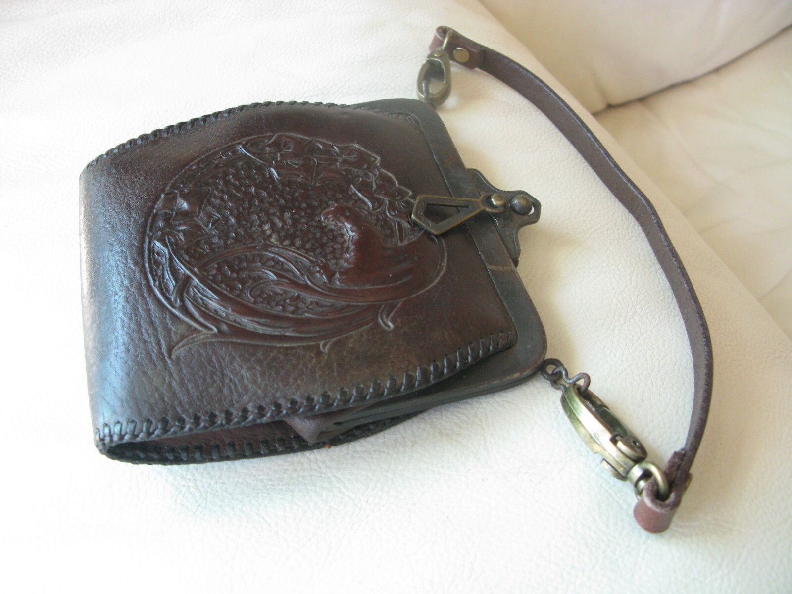Antique Art Nouveau Deco Bird Of Paradise Tooled Brown Leather Purse JEMCO