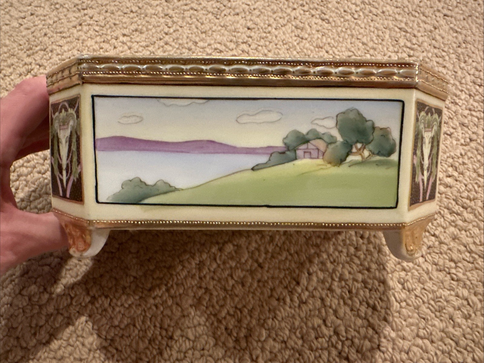 Antique Nippon Gold Scenic Rams Head Painted Corners Ferner Planter