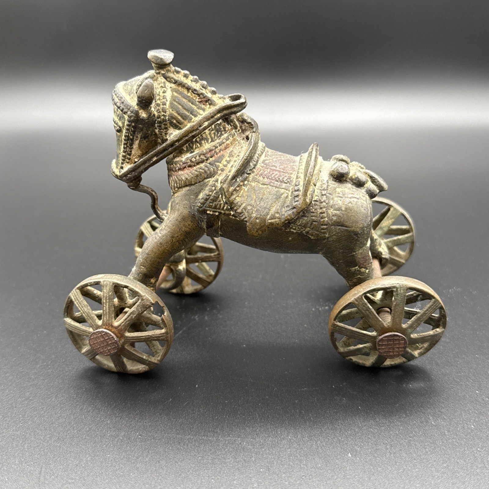 Antique Indian Solid Brass Temple toy, Horse on wheels 4.75” Tall & 5.5” Length