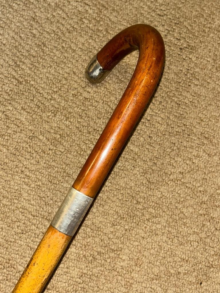 Antique Malacca Walking Stick Cane – Crook Handle & 1932 Silver Furnishings