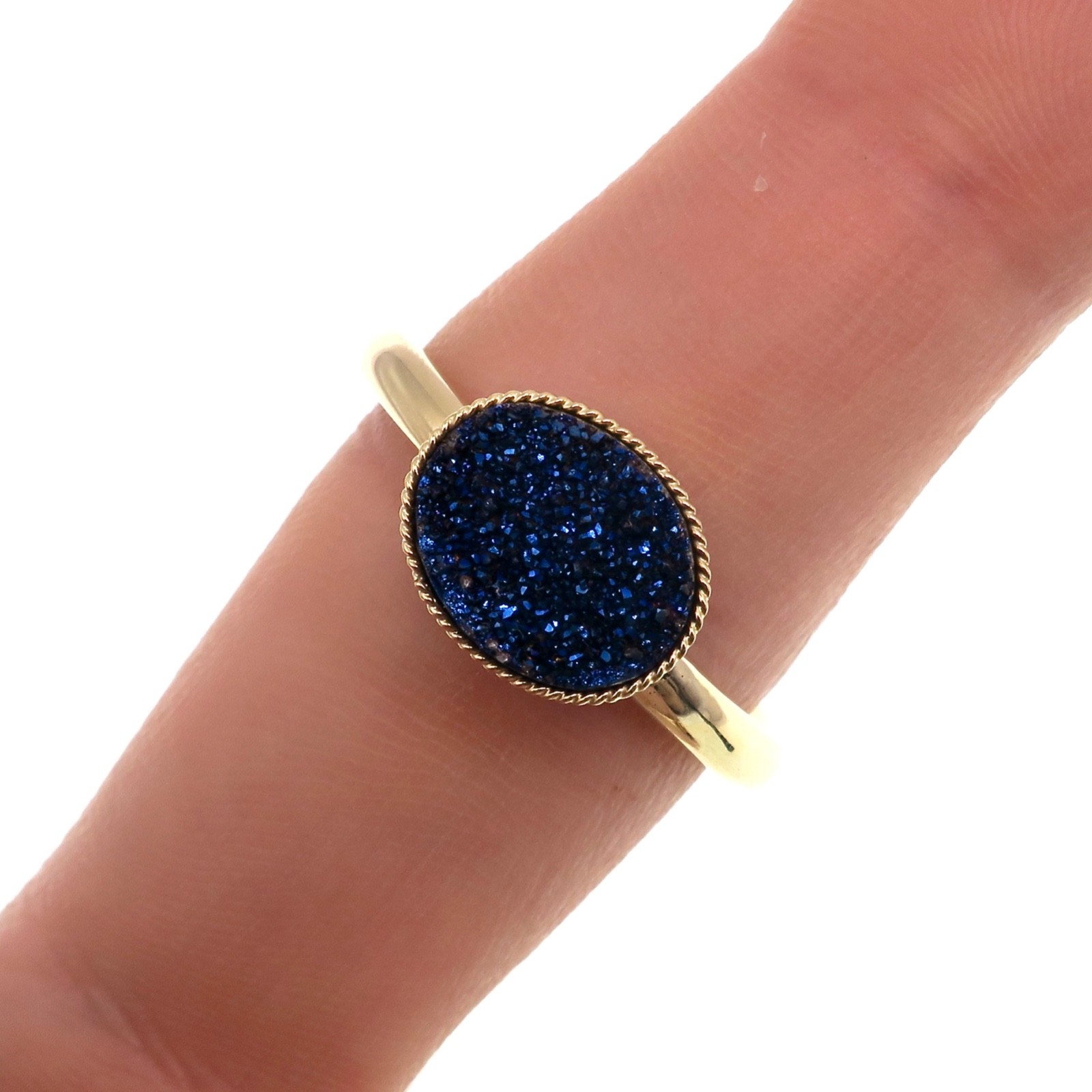 14K Yellow Gold Oval Shape Bezel Set Blue Druzy Ring Finger Size 9