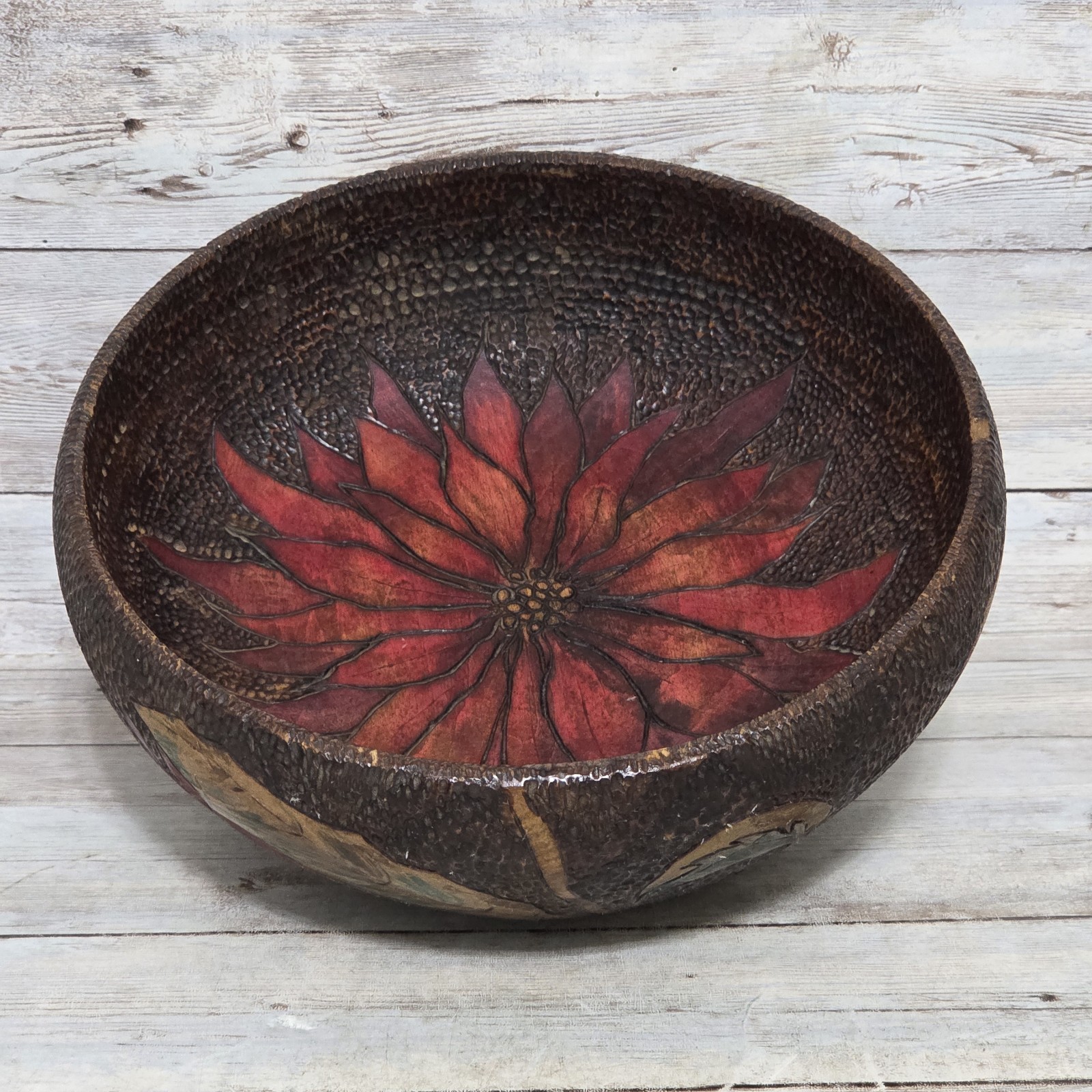 Antique Pyrography Flemish Folk Art Poinsettia Flower Footed Bowl