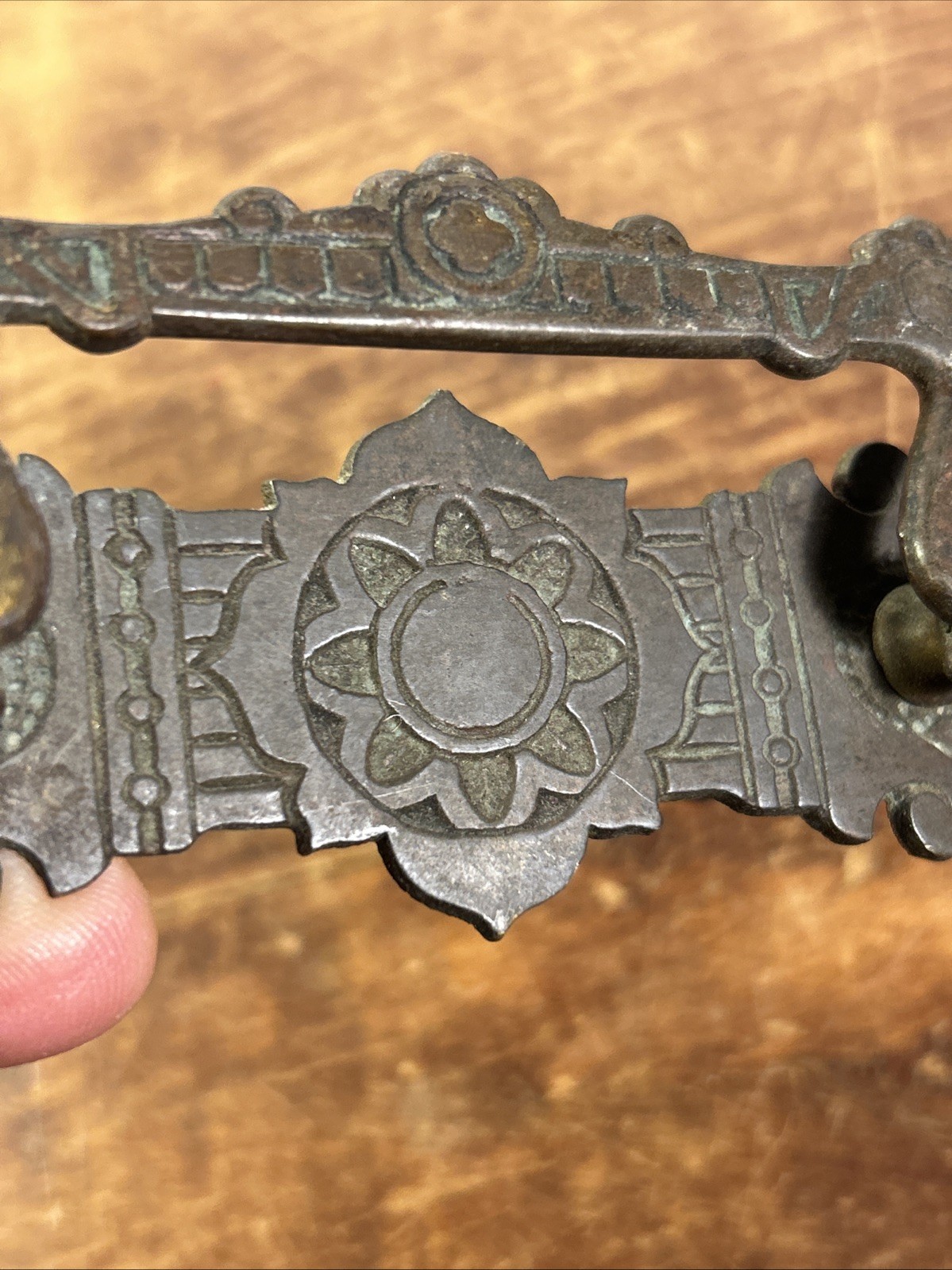 Antique Solid Brass Dresser Pull…..4.5″ Medieval Style Iron Screws 3″ Apart