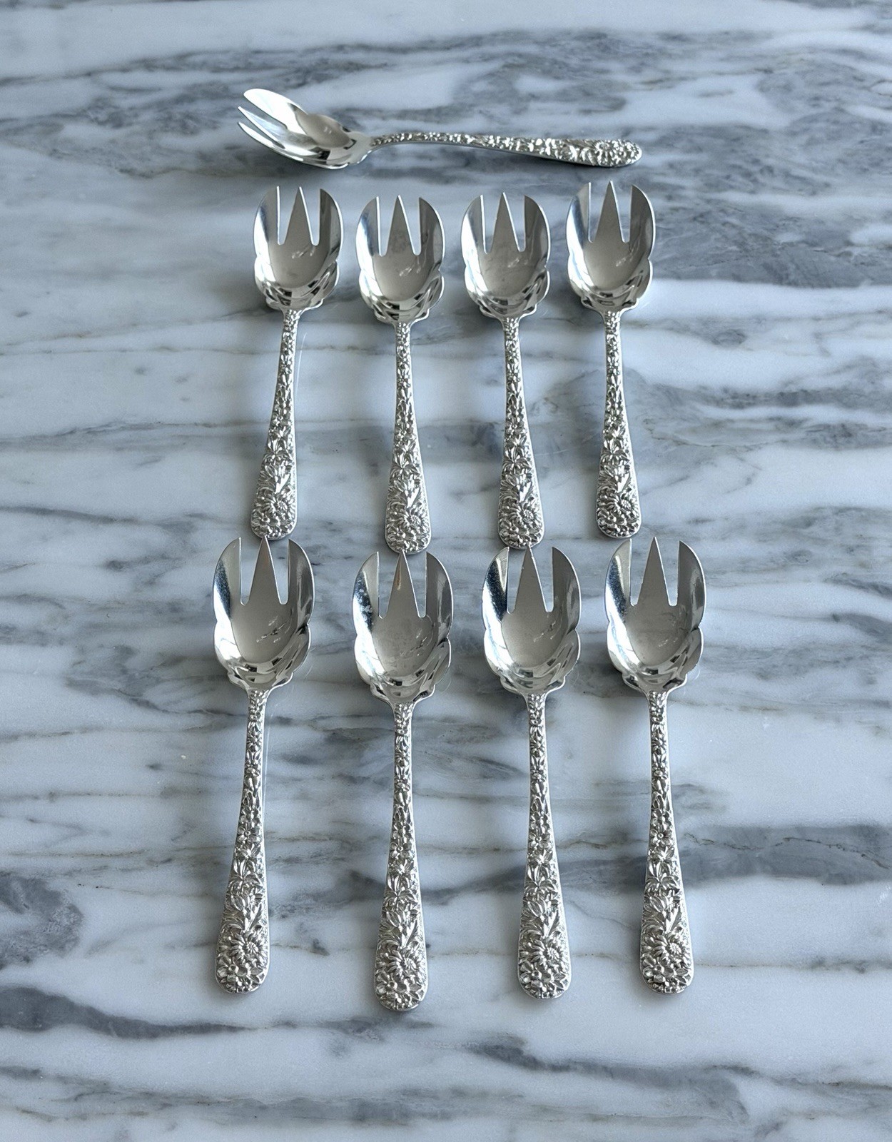 Set Of 9 Kirk Repousse Sterling Ice Cream Fork 6” 1896–1914 • 925/1000 • Mono J
