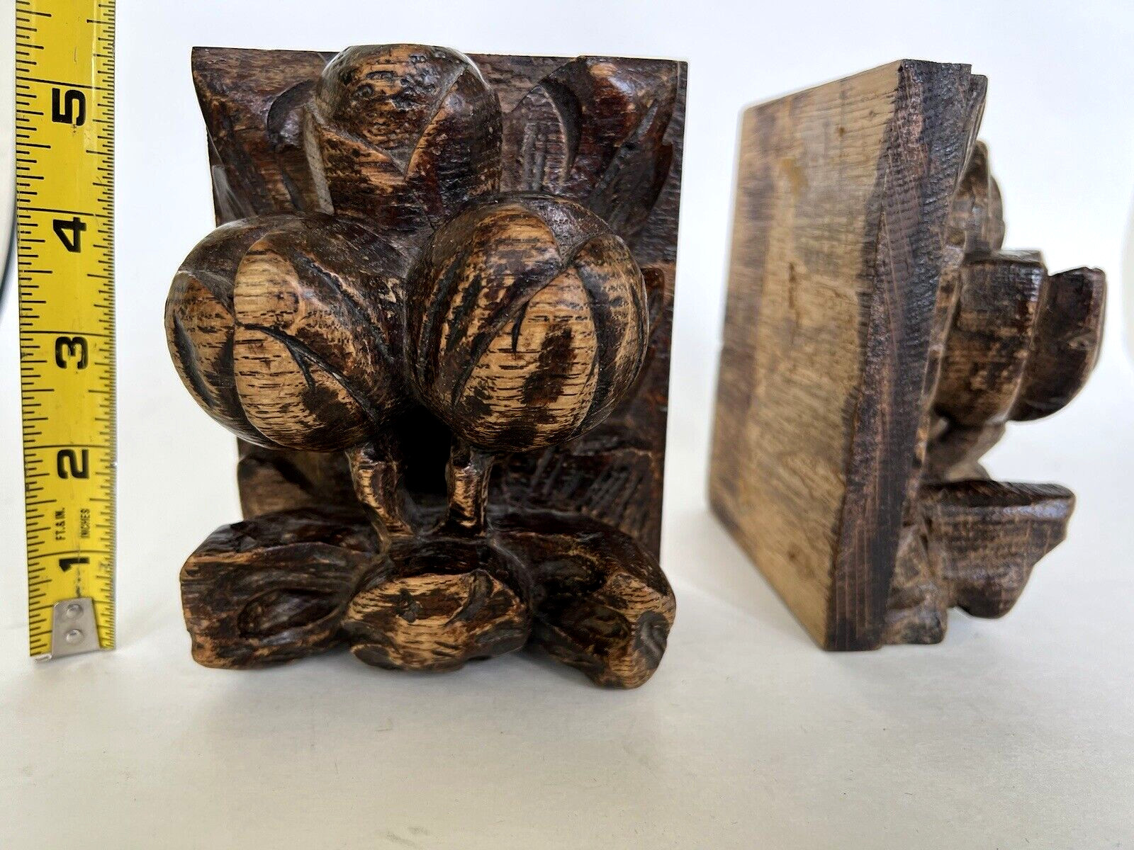 Pair (2) Antique Carved Wood Bows Floral Buds Salvage Pediments Corbel 4″ x 5.5″