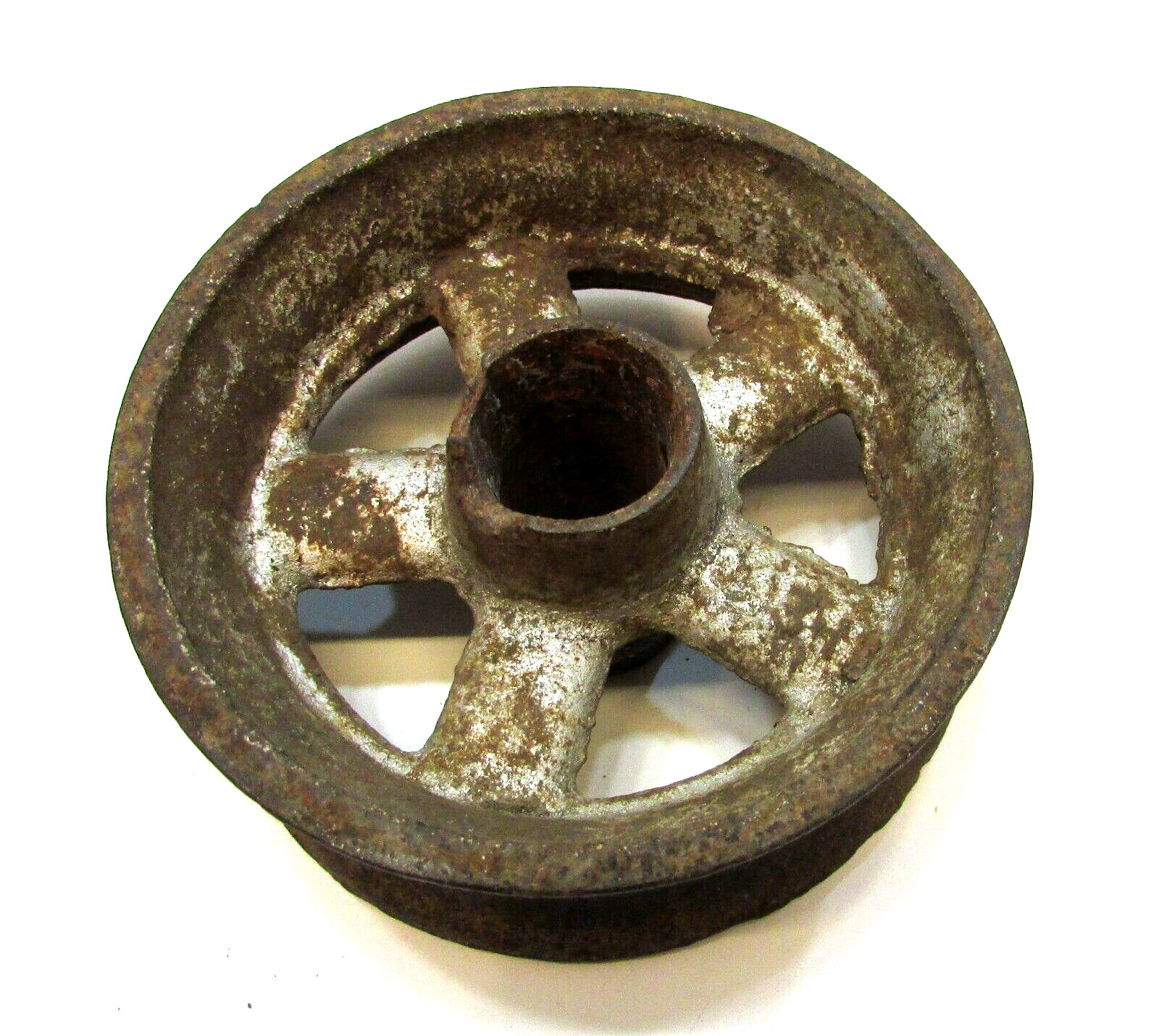 Primitive Old 1900’s 1+ lb Small 2×4 Antique Cast Iron Pulley Five Spoked Wheel