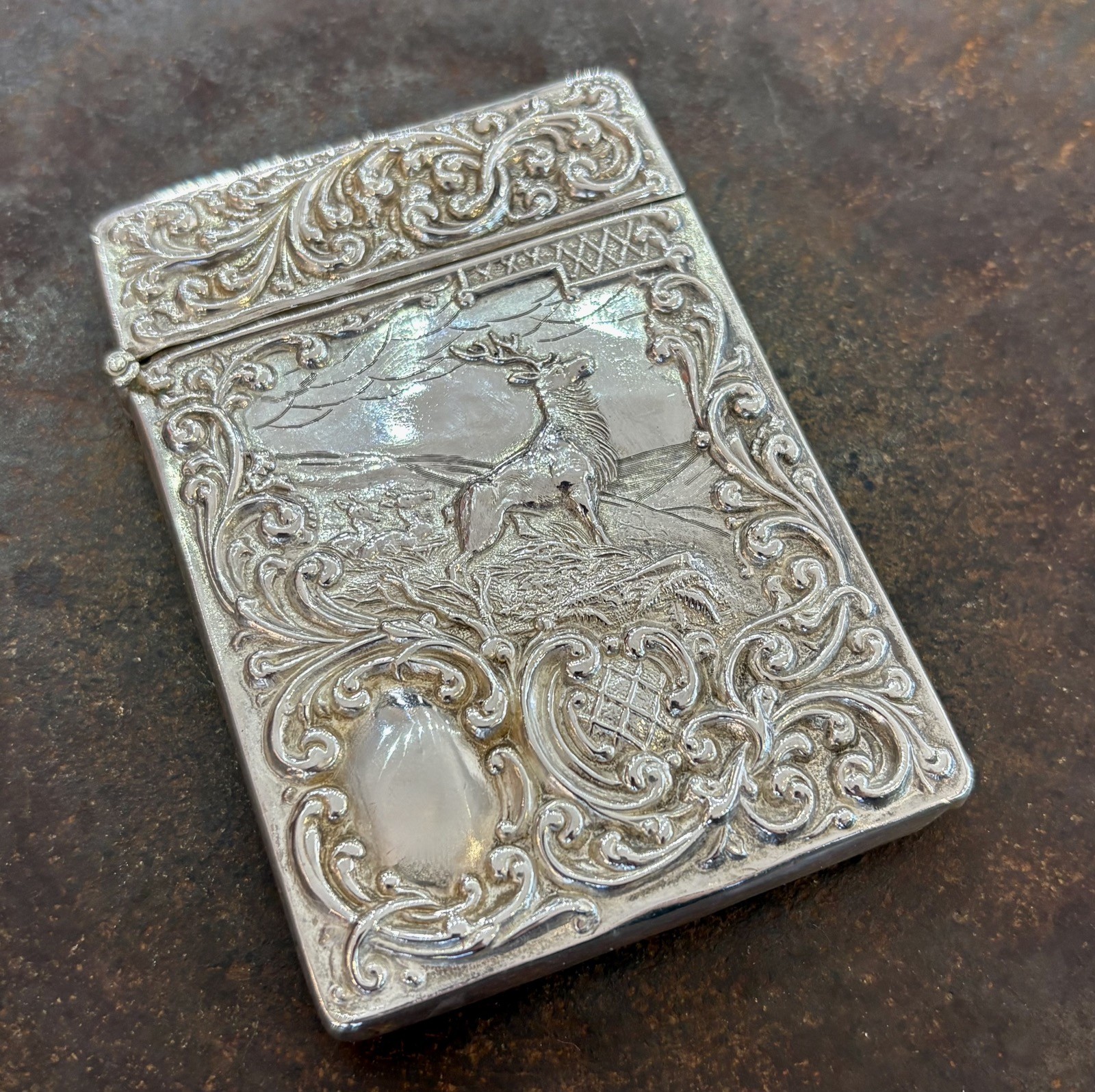 Antique 1901 William J Holmes Floral & Stag Sterling Silver Card Holder Case