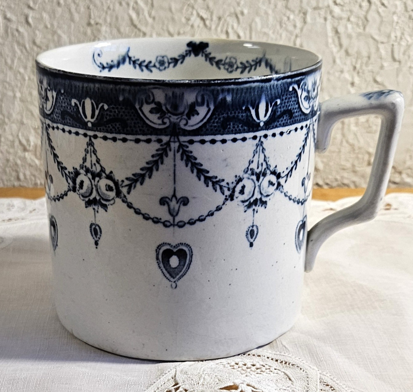 VICTUS XL Mug 4″ Antique Blue & White Transfer ware 1890-1910 Staffordshire