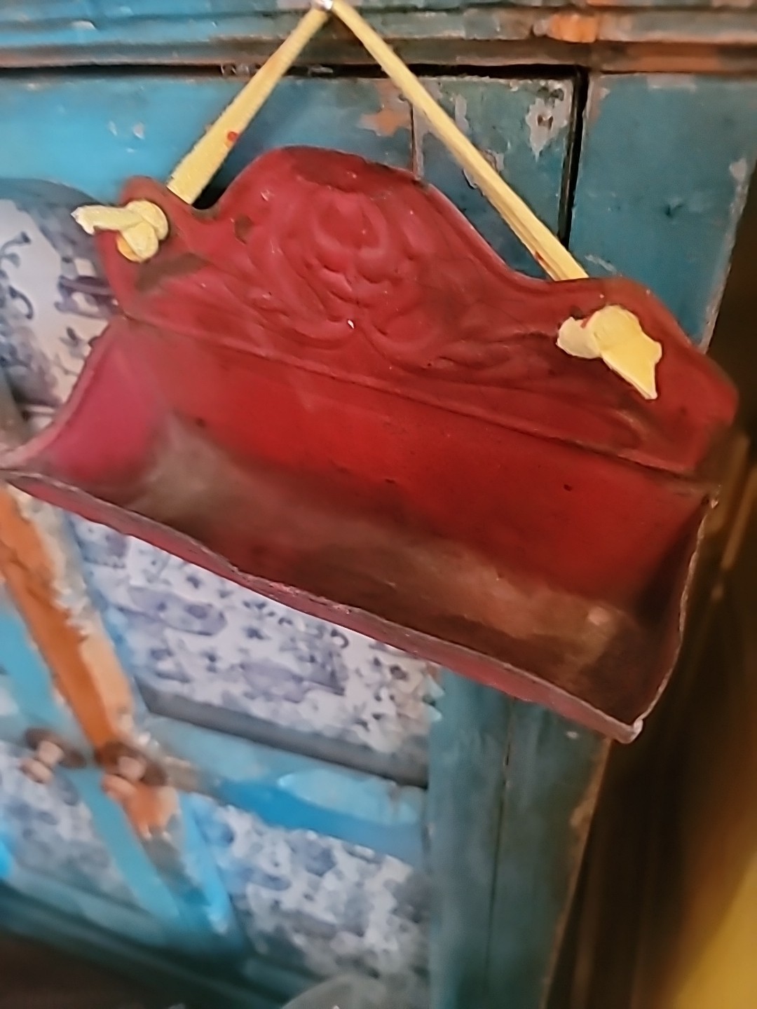 Antique Tin Box Comb Case Wall Original Red Paint Fabulous Patina 7×6″