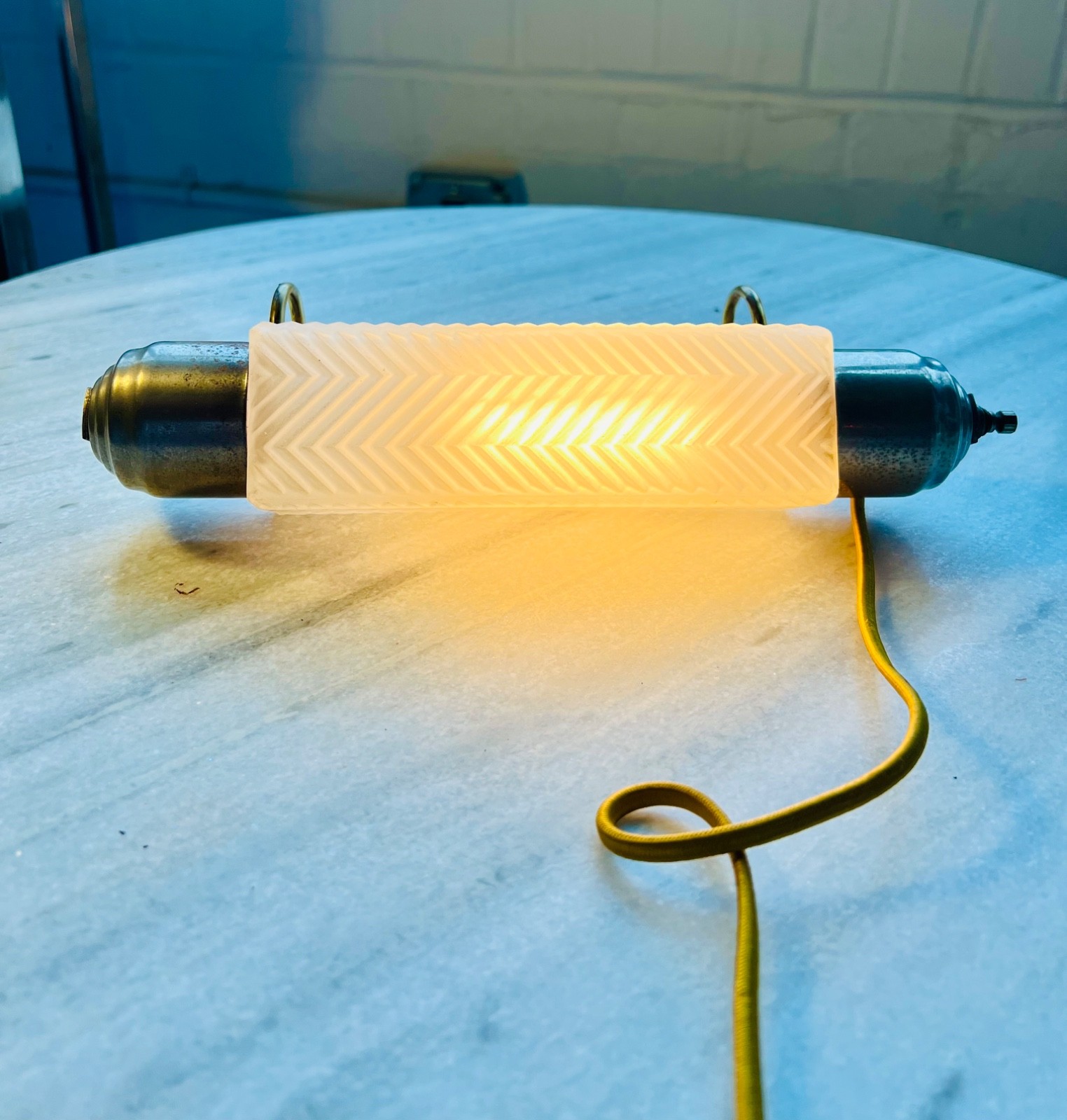 Vintage Glass Wall Sconce lamp Chevron Frosted Shade Industrial Art Deco