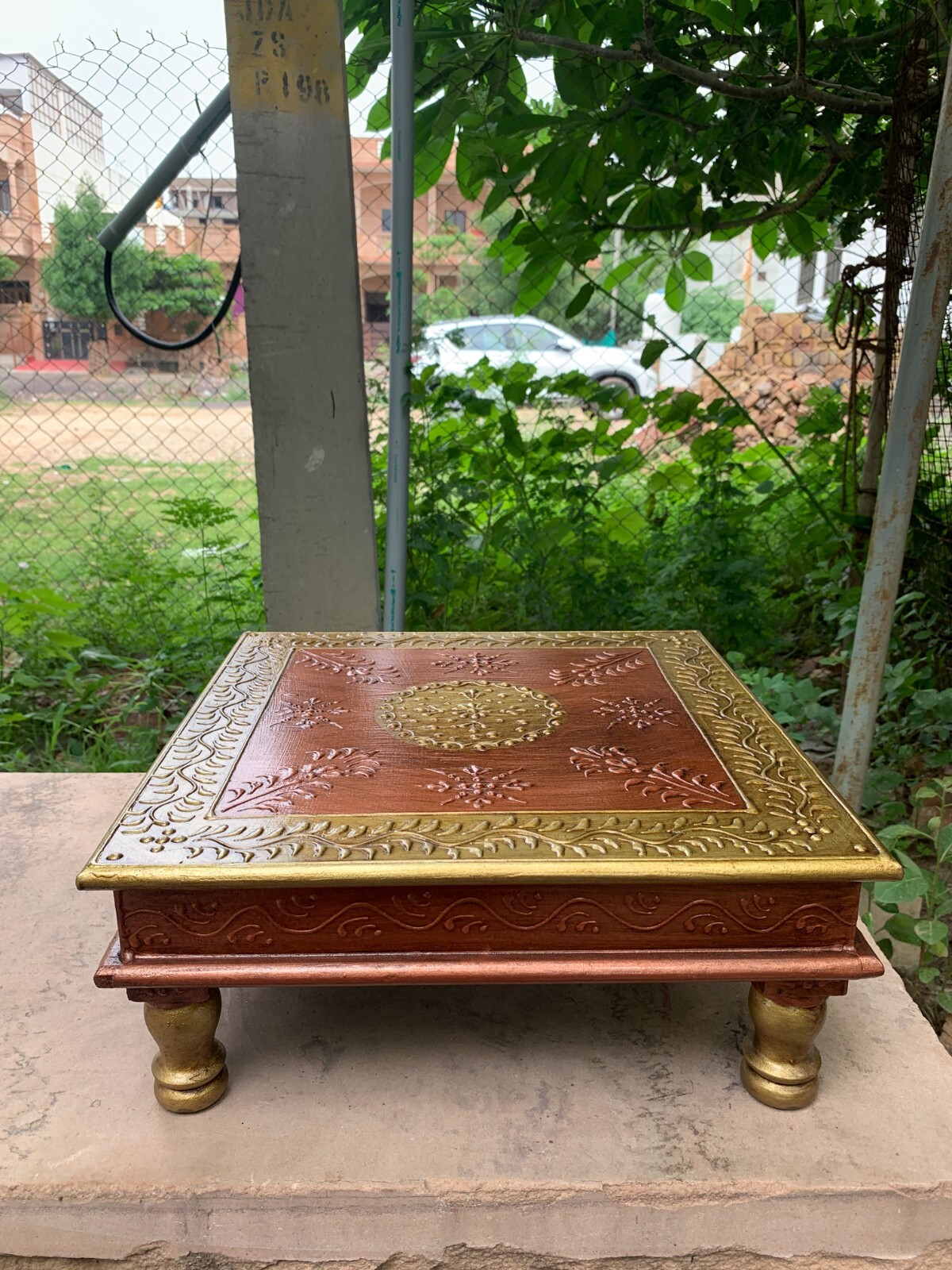 Embossed Wooden Bajot Home Decor Antique Chowki Table Top Bench Pooja Stool