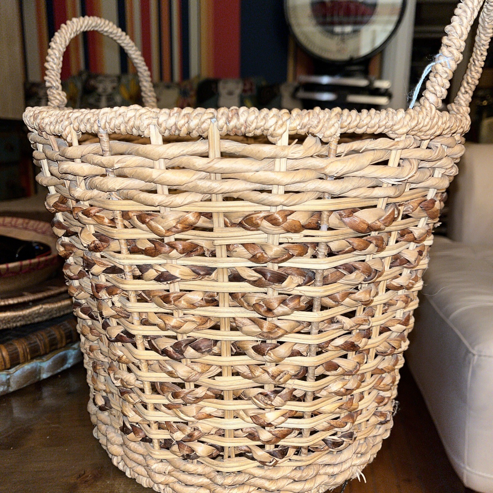 Seagrass Bohemian Storage Basket with Handles Waste Can Plant Multiuse 12×10.5”