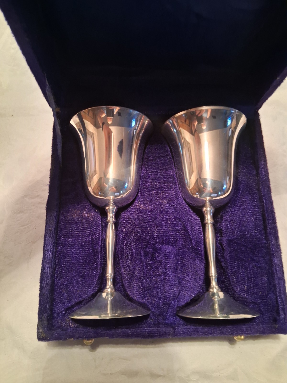 Antique 6.5 in Silverplate Goblets Pair with Velvet Presentation Box