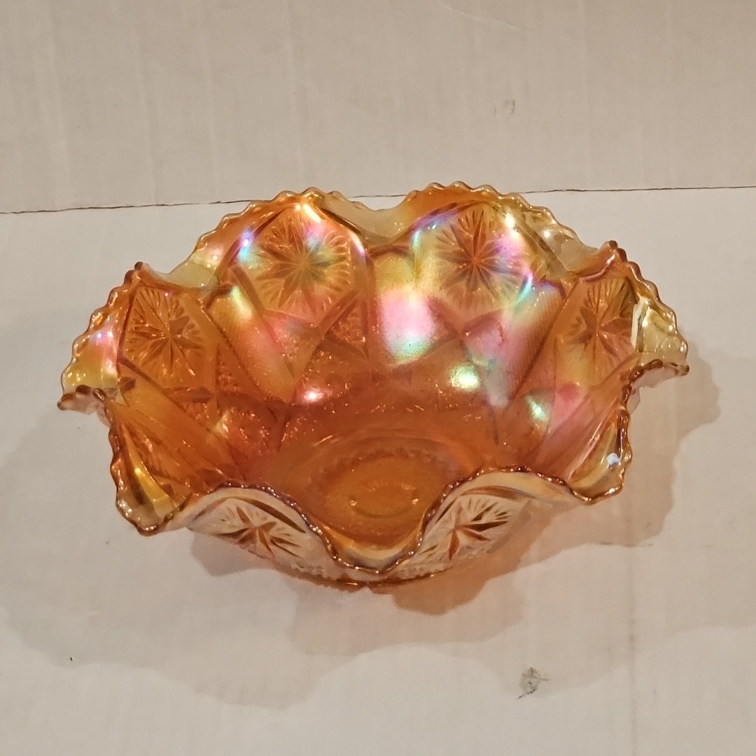 Marigold Carnival Glass Imperial Star and File 7 1/2″ Crimped Sawtooth Bowl