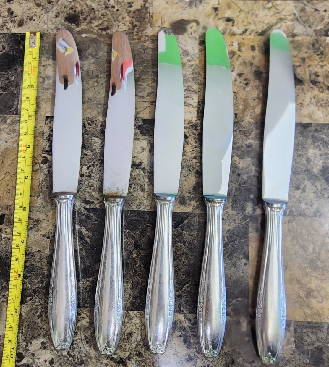 LOT OF 5 VINTAGE AWS WELNER SILVERPLATED MODERN HOLLOW DINNER KNIVES