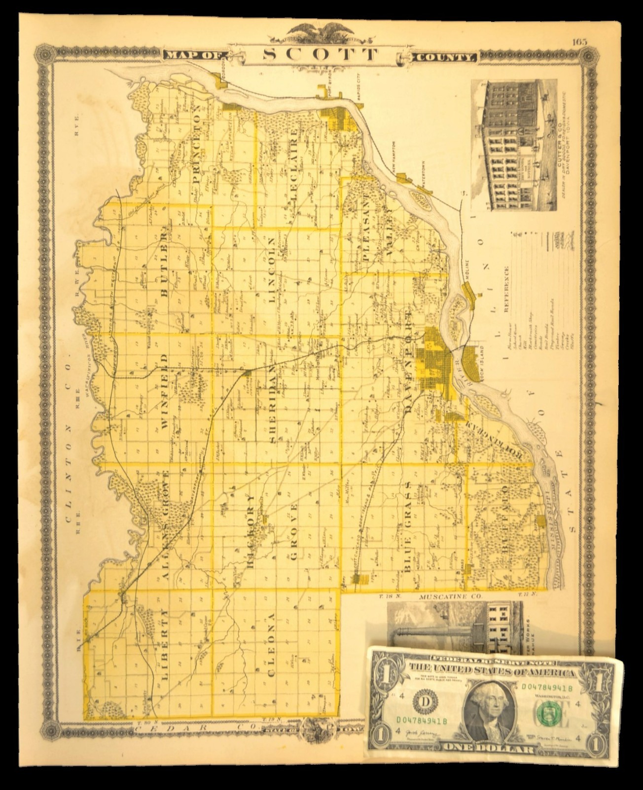 ca 1875 SCOTT COUNTY Map Davenport & St Paul Railroad Eldridge Le Claire Antique