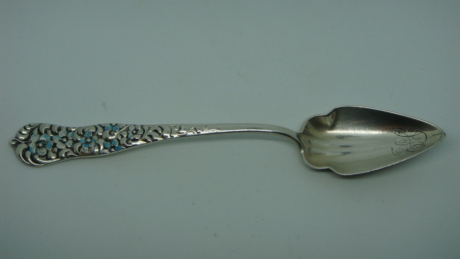 ANTIQUE DOMINICK & HAFF “ROCOCO” STERLING SILVER ENAMEL FRUIT SPOON, CIRCA 1888