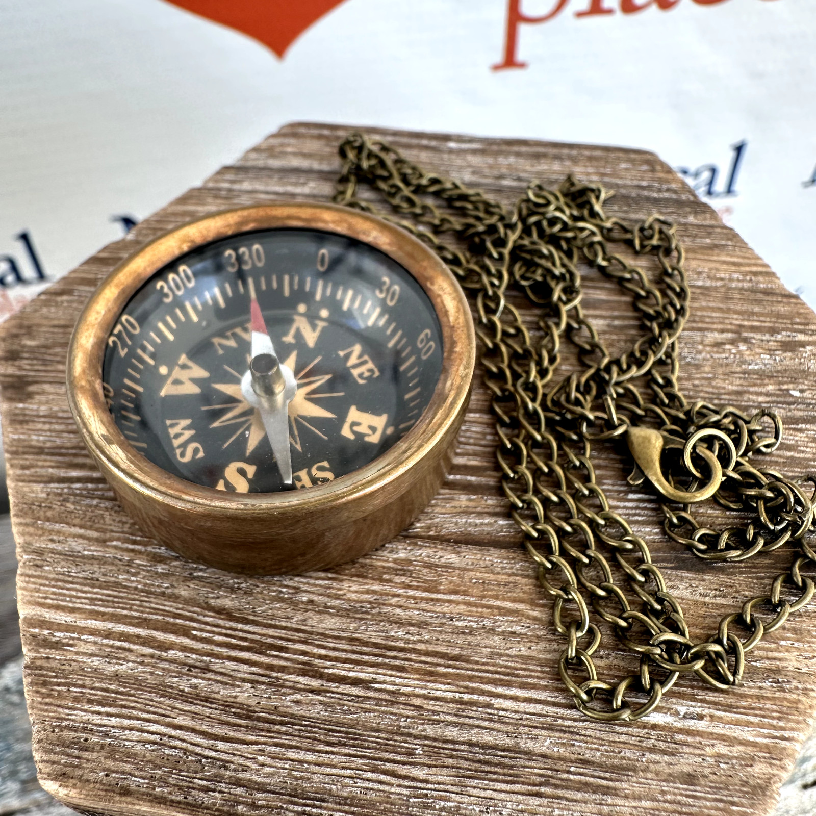 Antique Finish Brass Compass, Small Open Face Pocket Compass, Necklace, Keychain