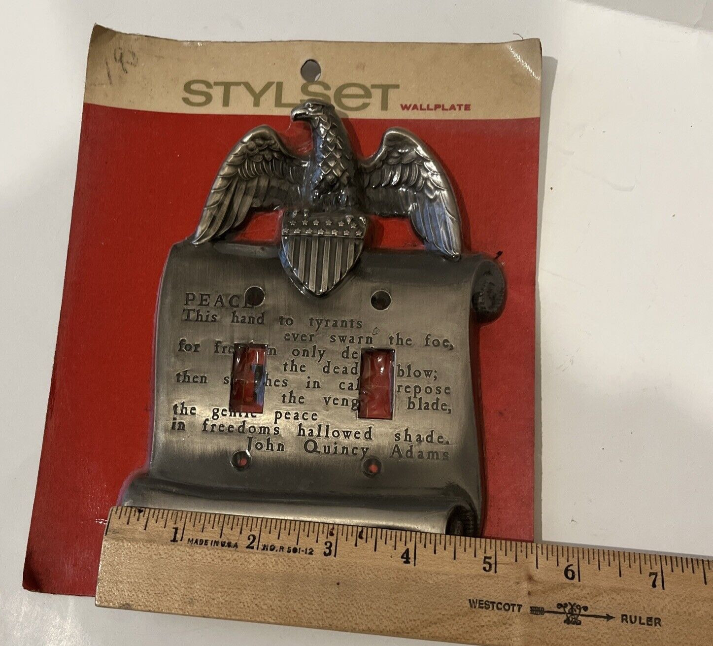 Vtg American Eagle Peace John Q Adams Antique Pewter Double Light Switch Cover