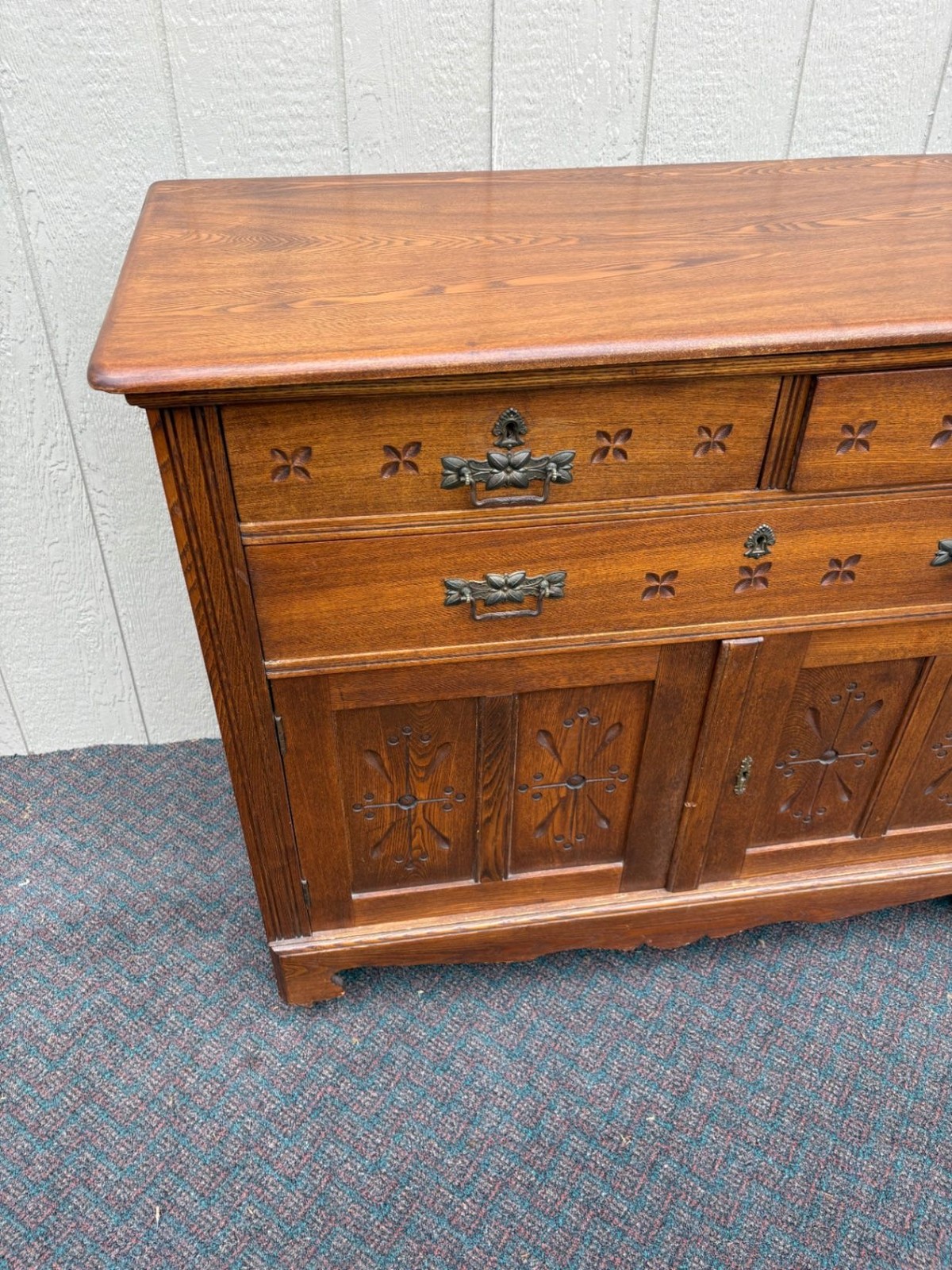 67625 Victorian Oak Buffet Server with Carved Details and Brass Hardware