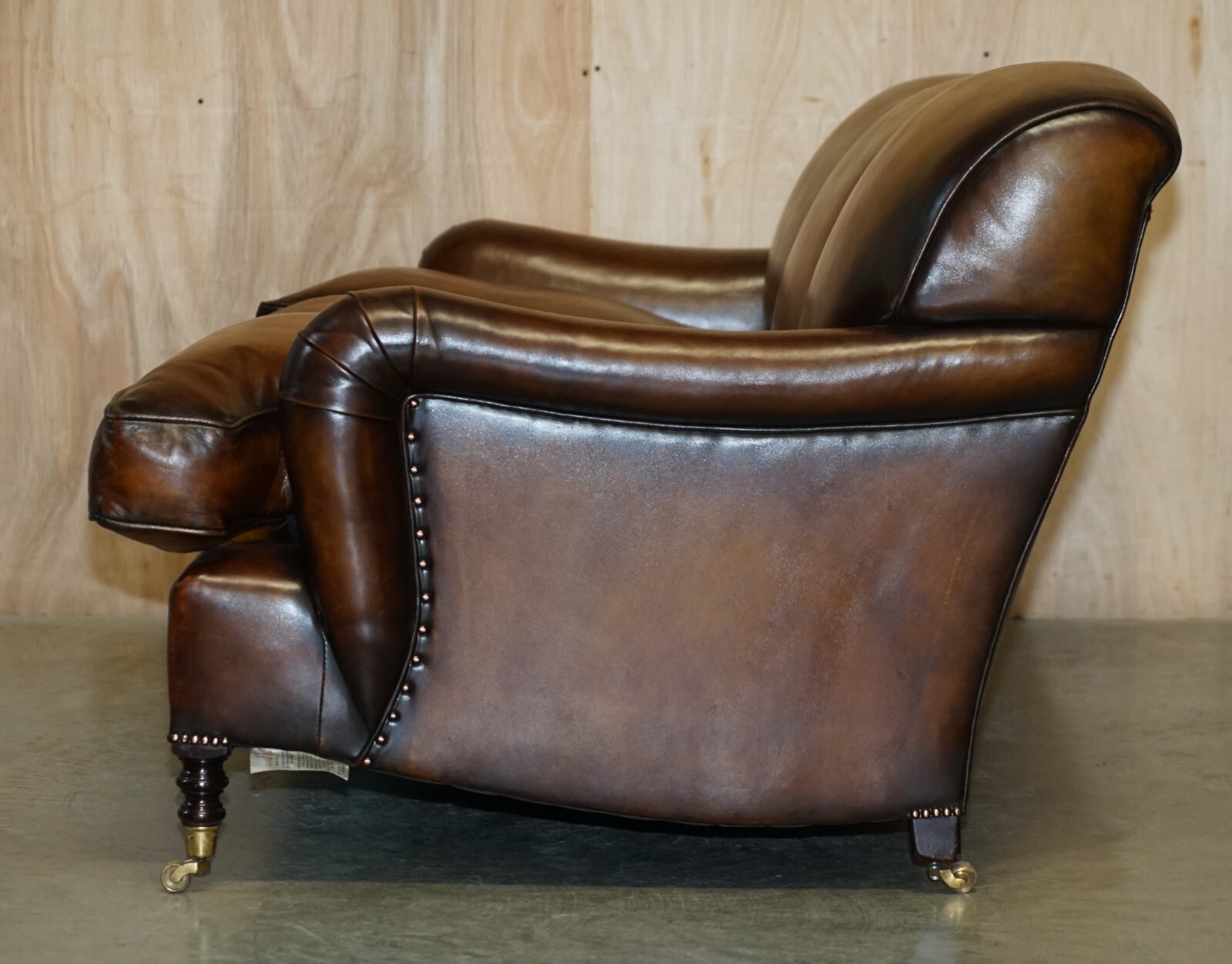 1 OF 2 LARGE GEORGE SMITH HOWARD & SON’S BROWN LEATHER SIGNATURE SCROLL ARM SOFA