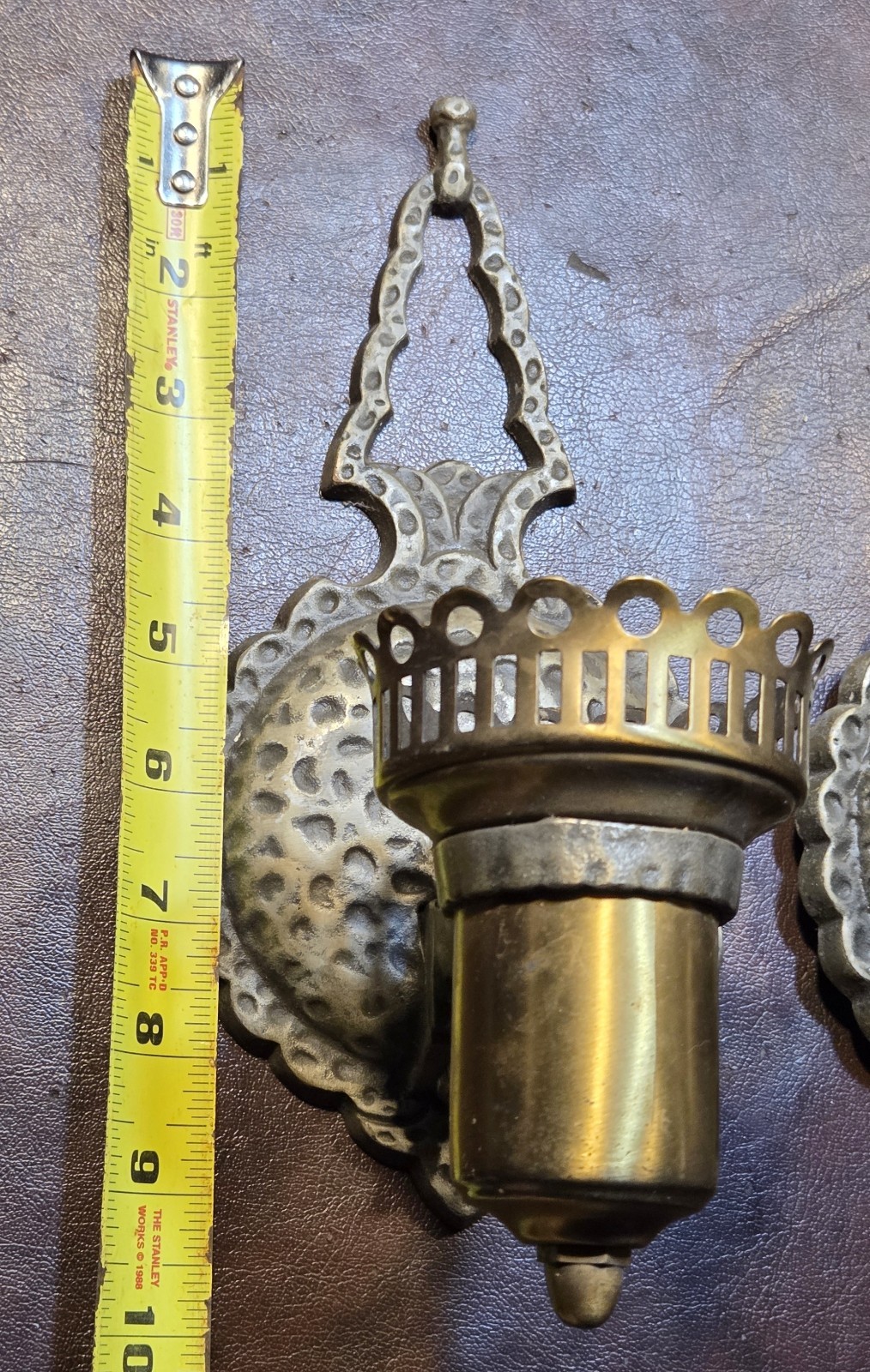 Pair Antique Wall Sconces 1920s Gothic Mission Arts & Crafts Hammered Metal