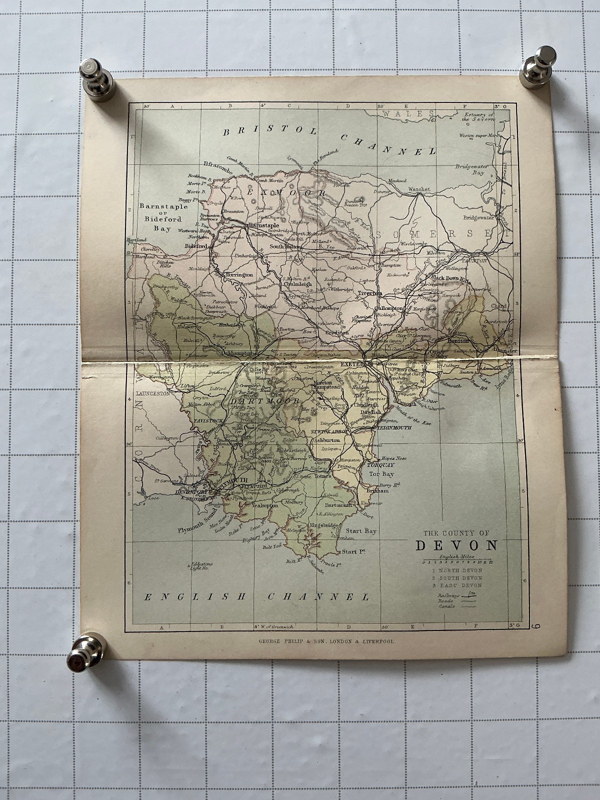 DEVON – 1885 Original Antique County Map England Philip Exeter Torquay Bideford