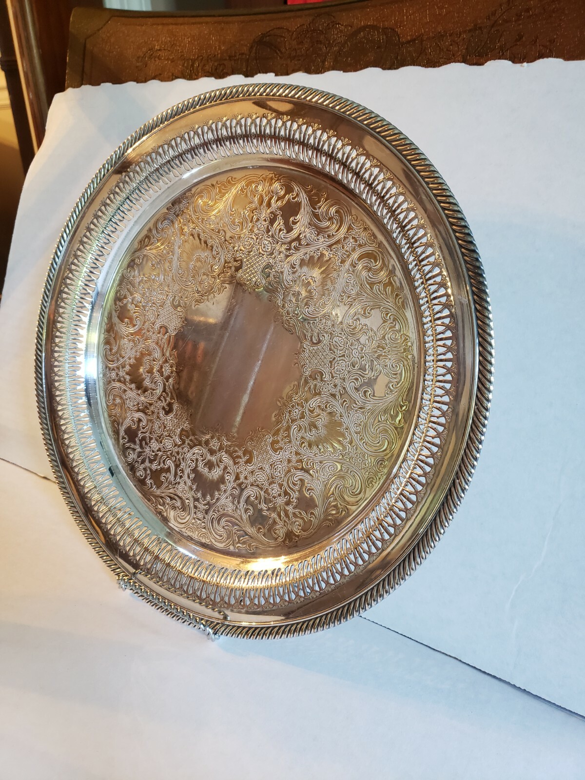 WM Rogers 623 Eagle & Star Marks Silver Serving Tray Victorian Rose Vintage 12″