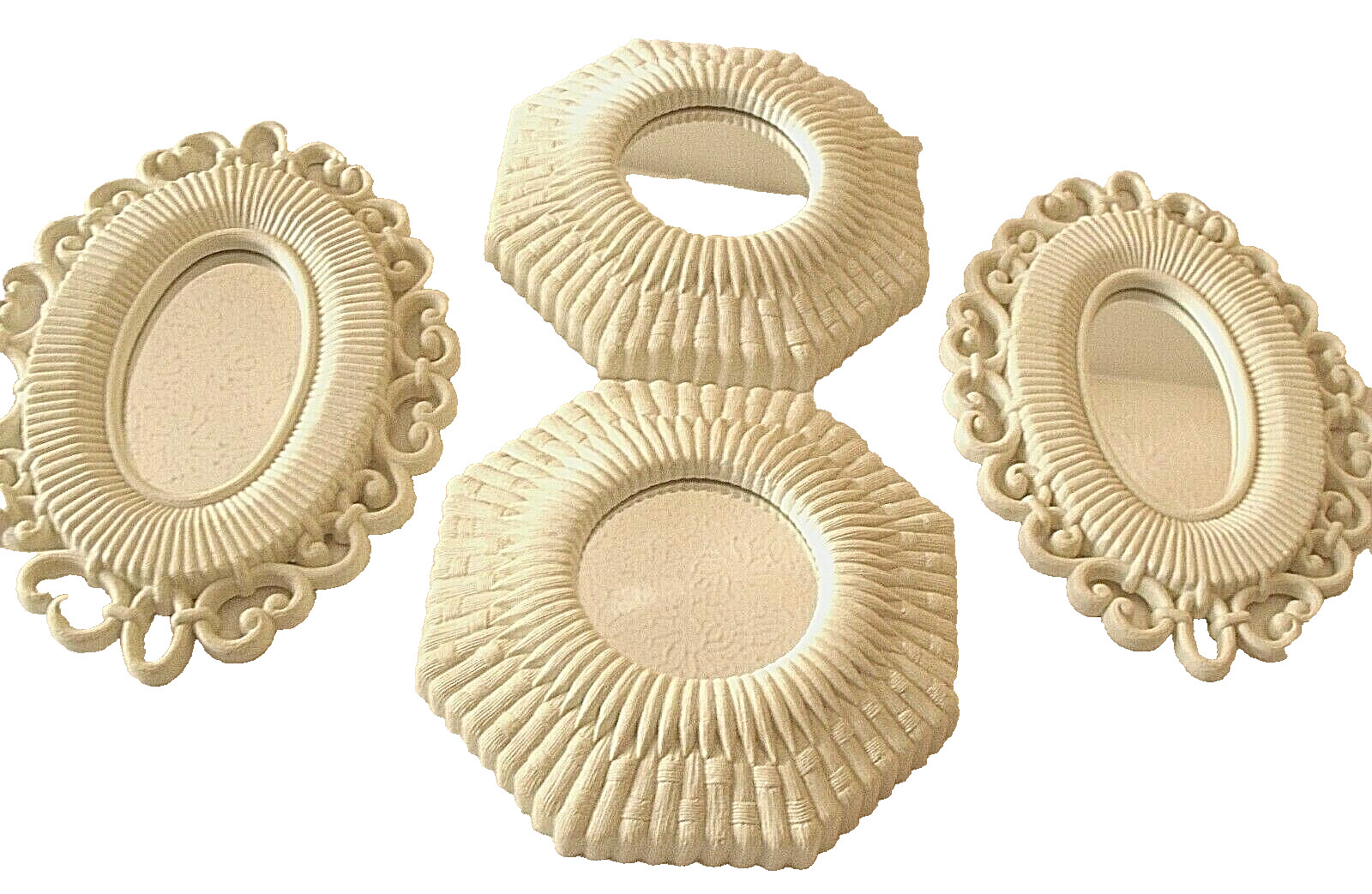 Set 4 Mirrors Faux Wicker Syroco Shabby Cottage White Vtg Octagon 7″ Oval 9.5×7