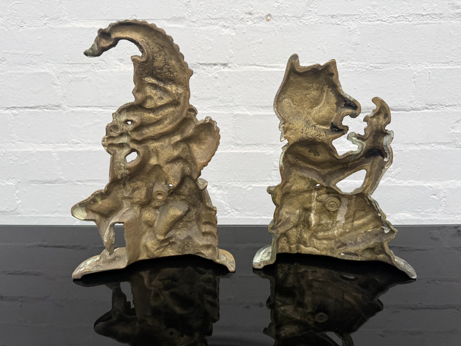 Victorian Cast Brass & Bronze Punch And Judy Figural Plaque Pair 30cm