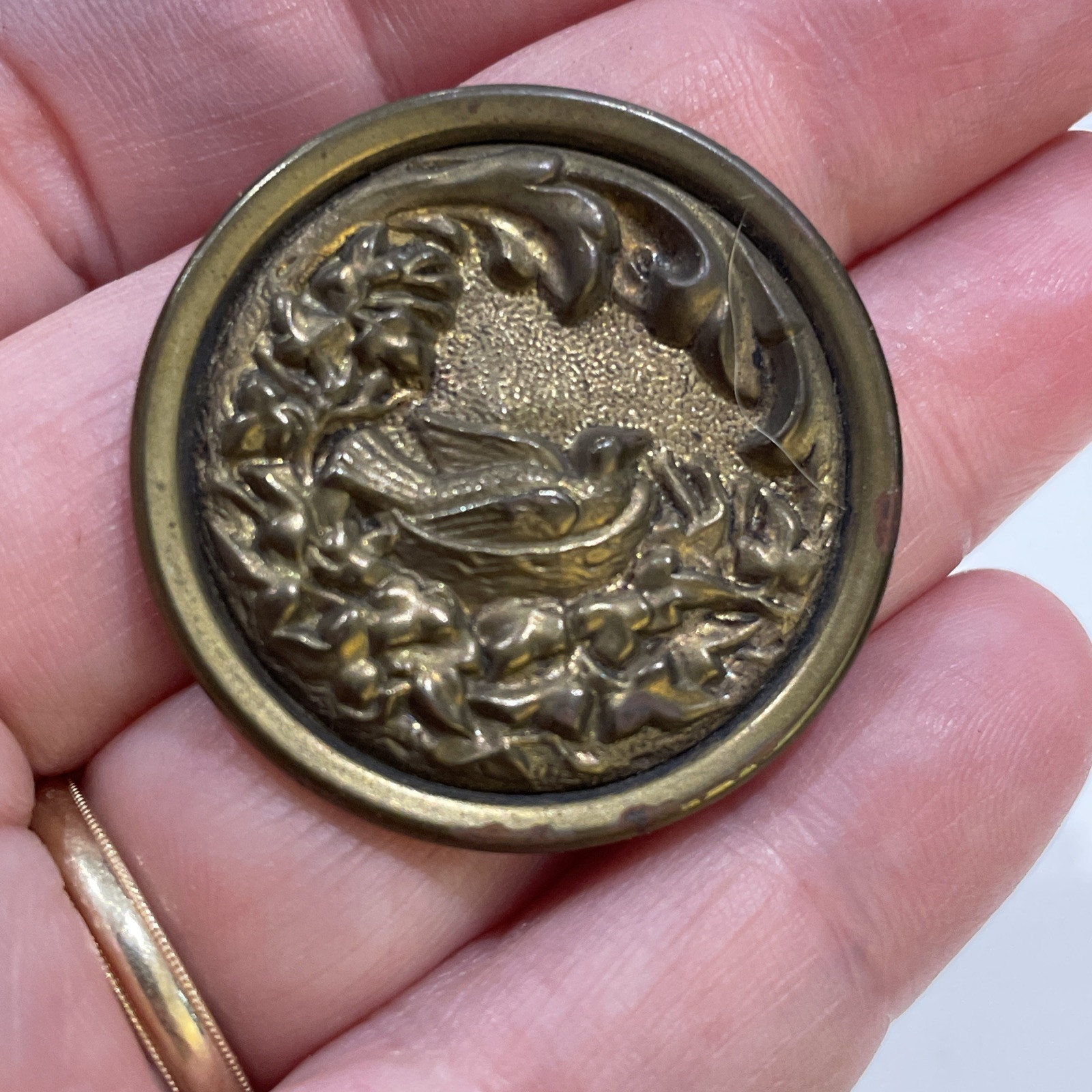 Antique 19th C Metal Picture Button 1 3/8” Bird In Nest