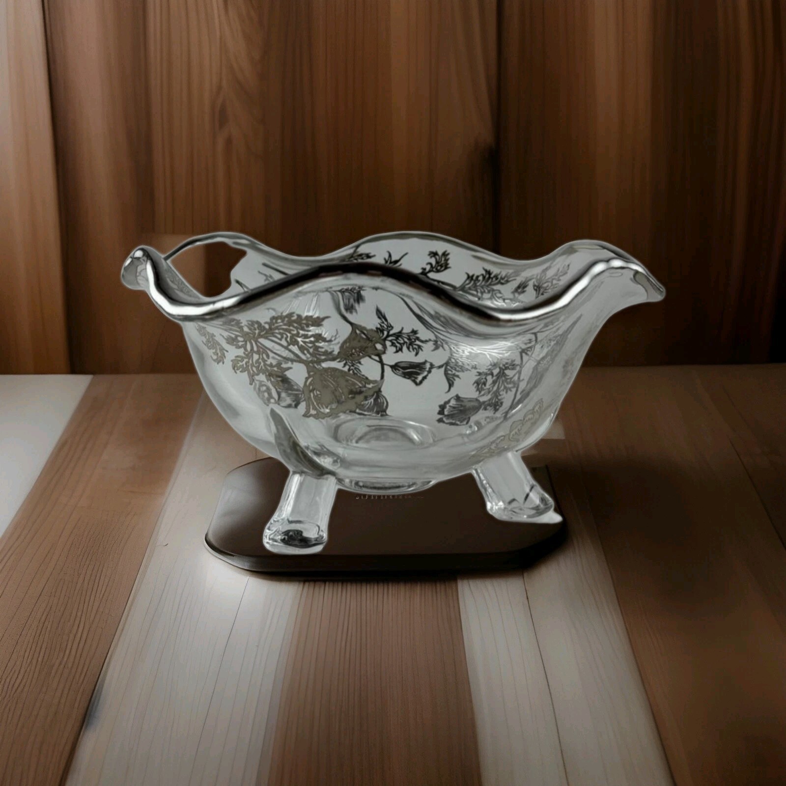 Vtng Silver Cty Monogramed Flanders 3 Footed Bowl etched Silver Overlay; Candy