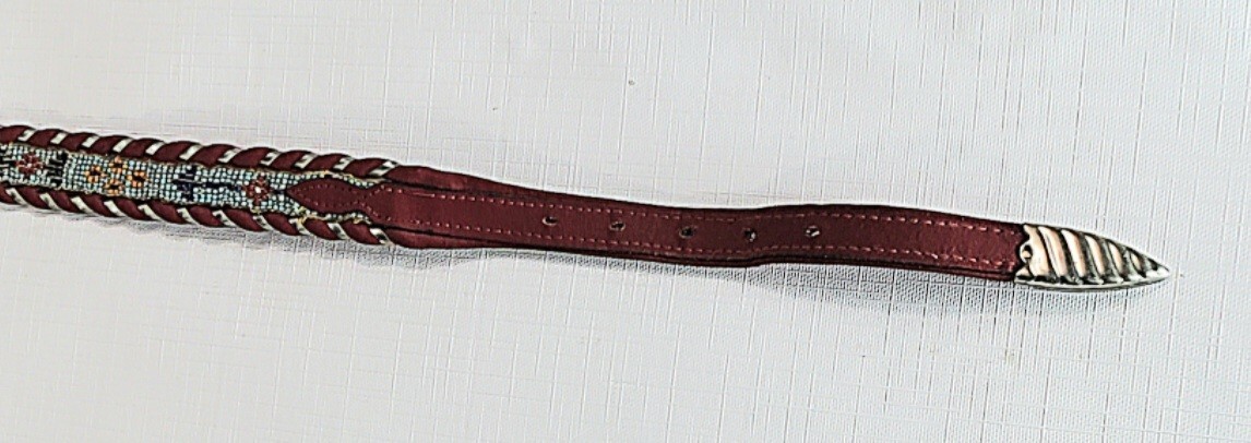 34+” Native American Beaded Red Leather Belt AL BERES Wages German Silver Buckle