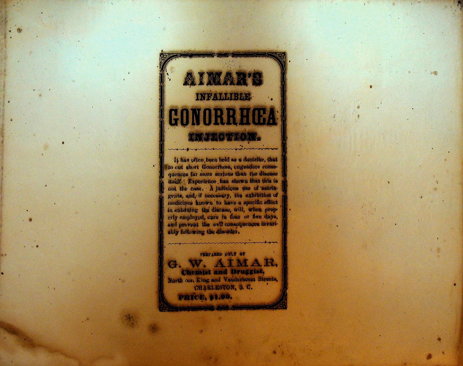 Aimar’s Infallible Gonorrhea Injection Broadside 1850s Charleston SC