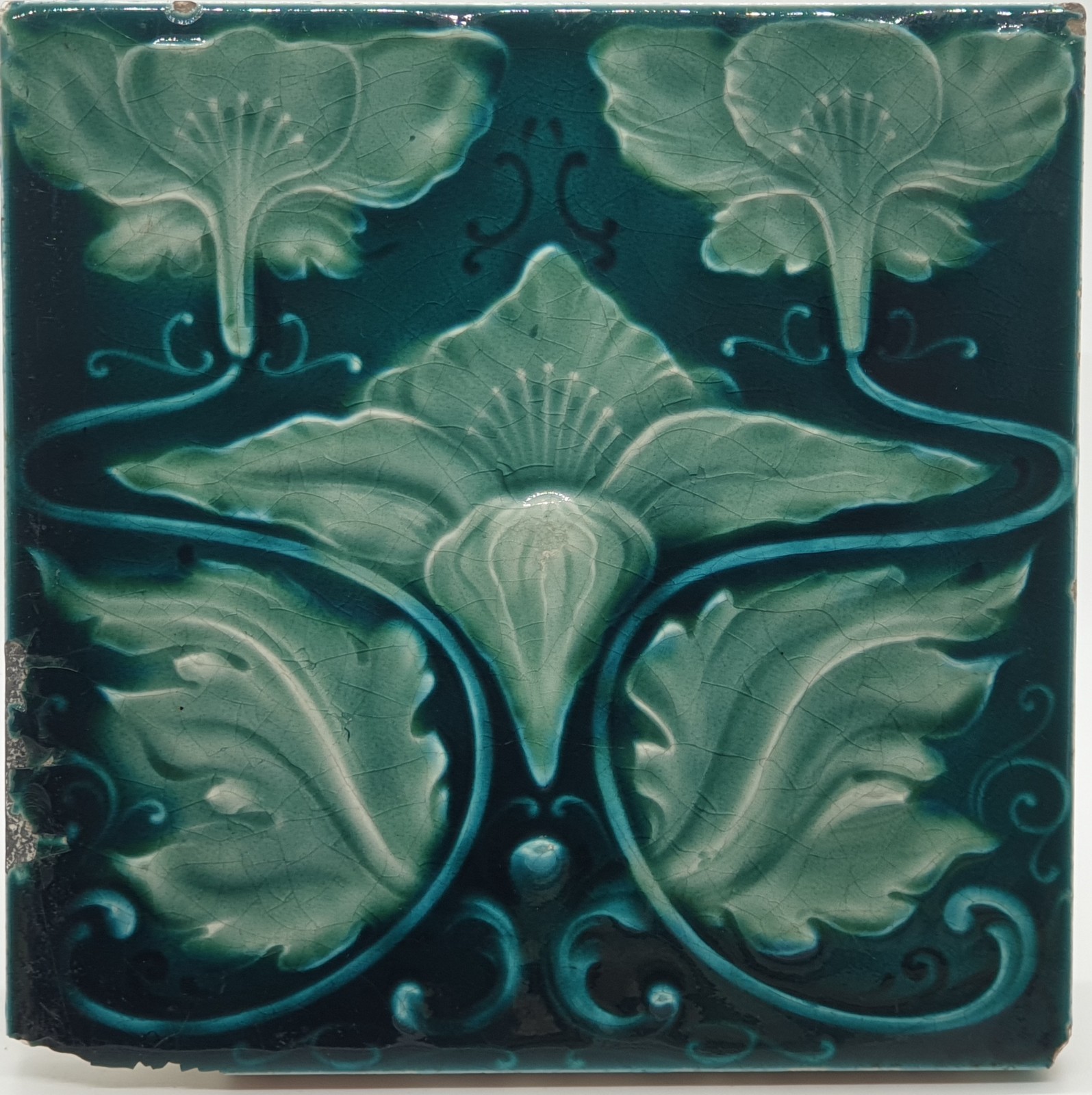 Art Nouveau Fireplace Tile Moulded Majolica Blue Floral Henry Richards C1901 AE3