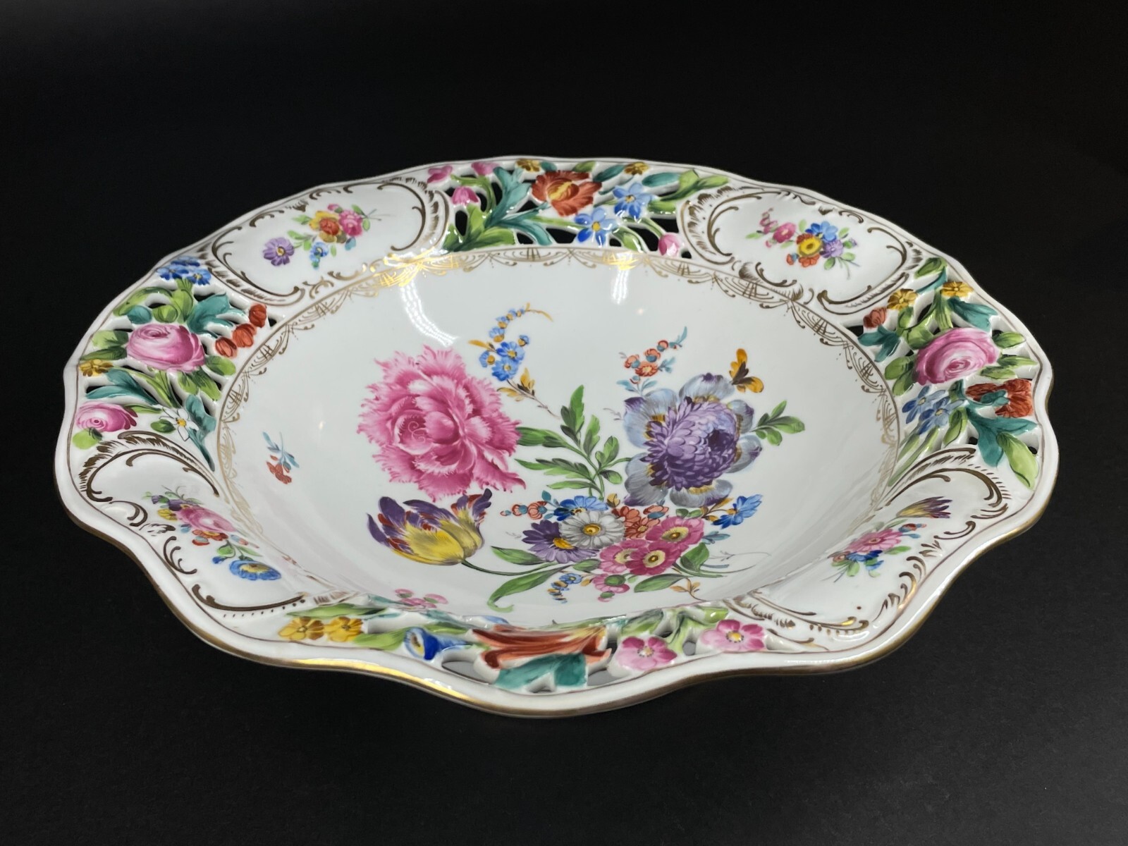 Carl Thieme Dresden Large Footed Painted Floral Reticulated Centerpiece Bowl